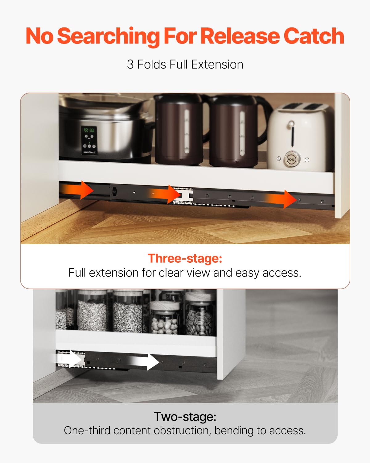 VEVOR Guide per Cassetti Sottotop, Guide per Mobili Sottoscala con Cuscinetti a Sfera a Estensione Completa, Capacità 117 kg, Guide Resistenti, per Sostituzione, Nero 1000 mm, 1 Paio