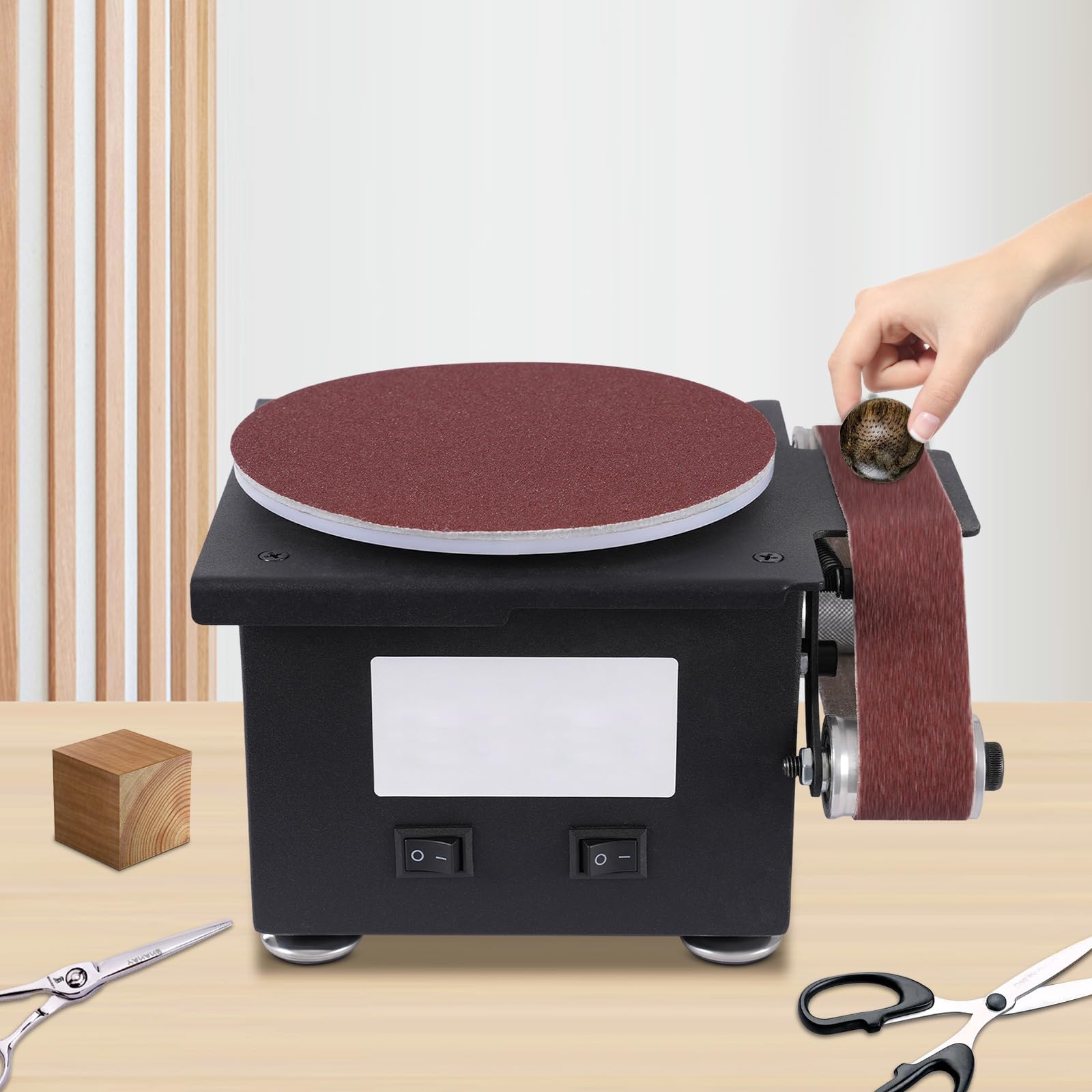 Mini szlifierka taśmowa i talerzowa, 7-biegowa, 100 W, elektryczna szlifierka taśmowa, szlifierka taśmowa, do samodzielnego polerowania, 10 x taśma szlifierska, tarcza szlifierska, do