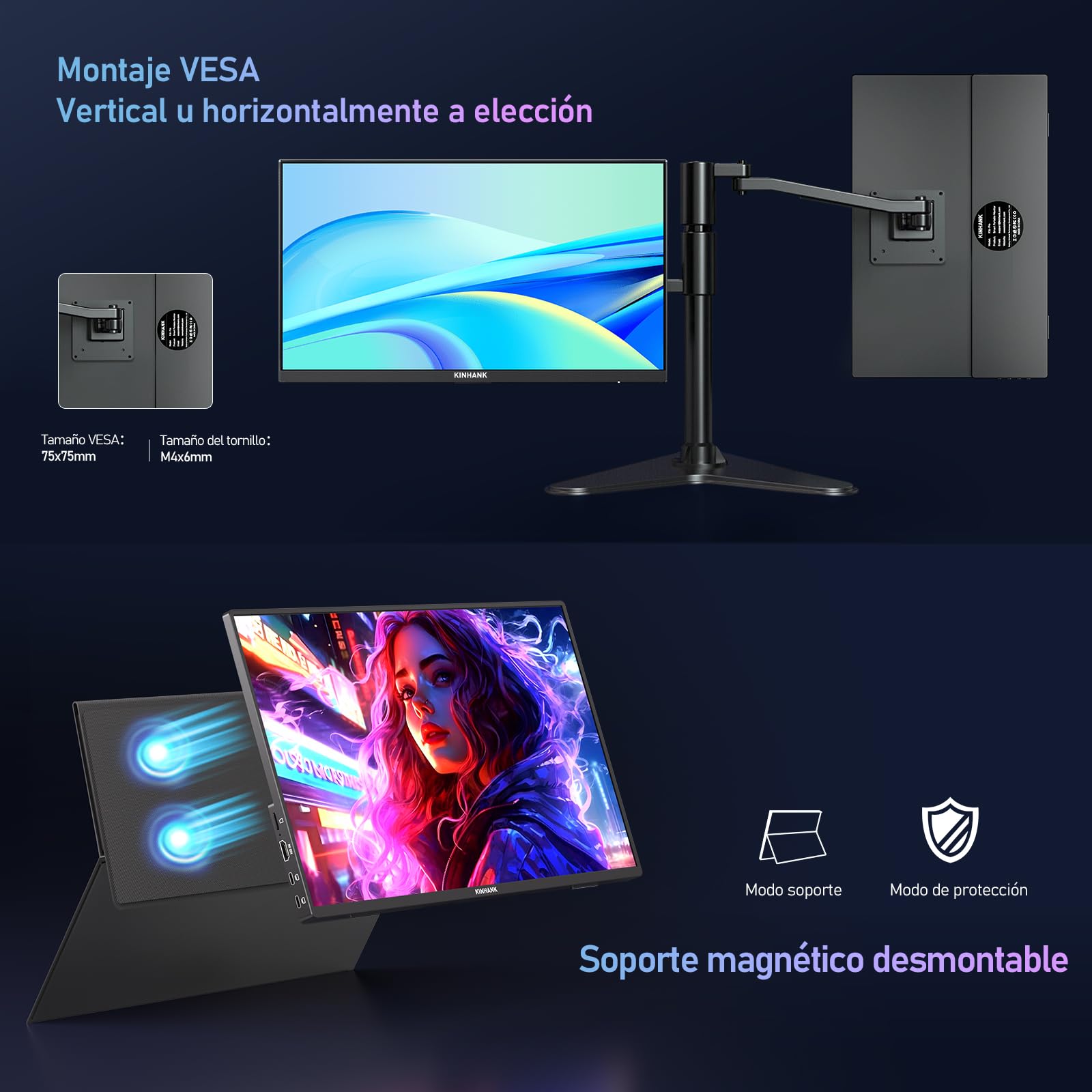 Kinhank 2.5K Pantalla Portátil, 144Hz | 16" | 500Nits | QHD | HDR | 100% sRGB, FreeSync, IPS Eye Care Monitor Portátil, Monitor Gaming para Laptop/PC/MacBook/Phones/Tablet/PS5/4/Xbox/HDMI/USB C