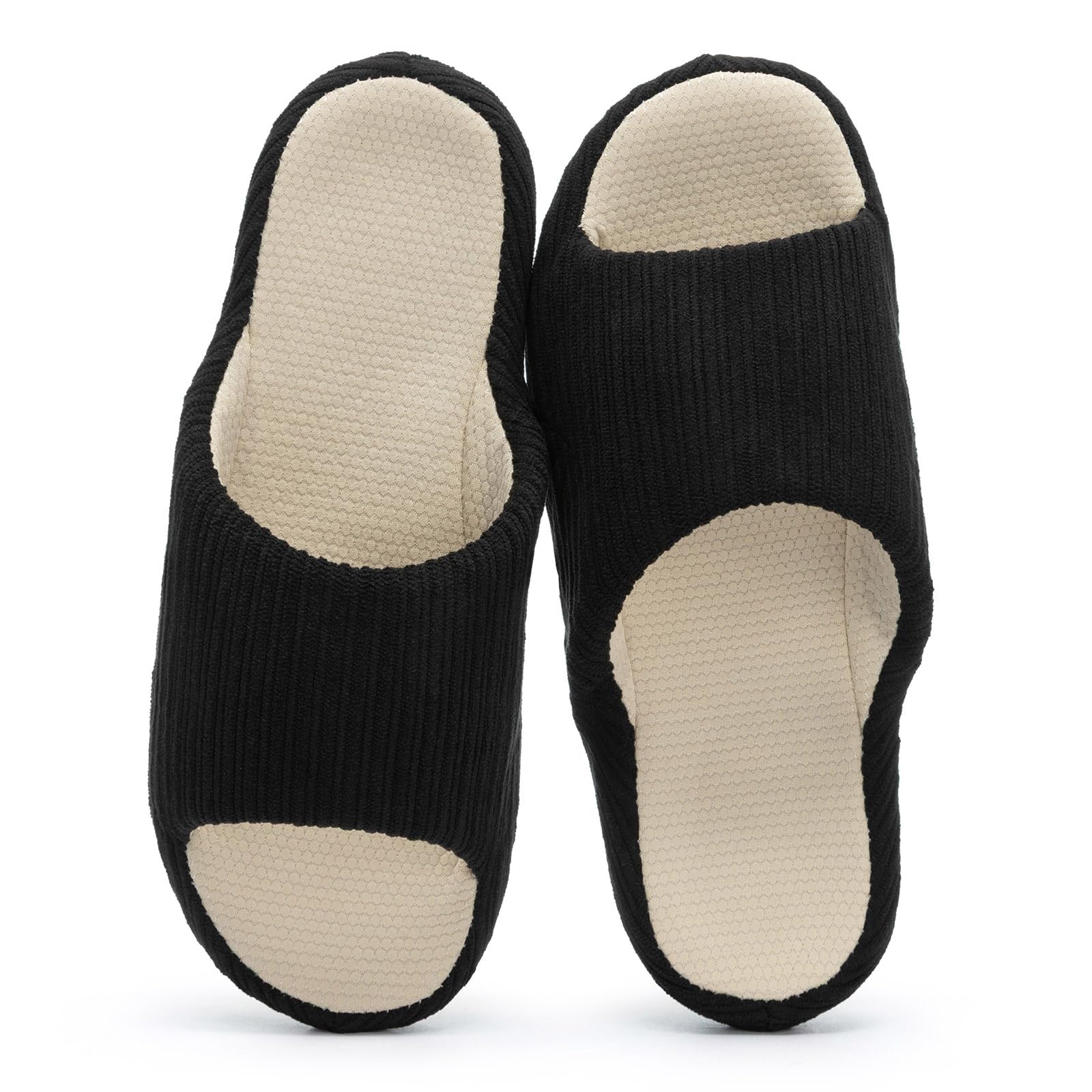 Open Toe House Slippers for Women Memory Foam Slip On Bedroom Slippers Soft Corduroy Indoor Outdoor Slip-on