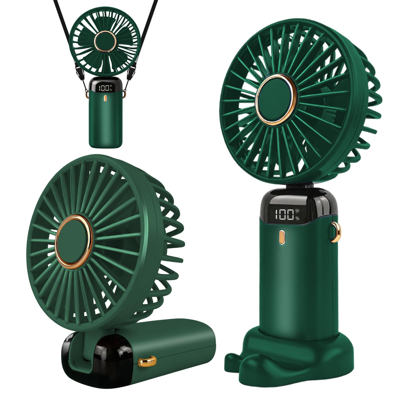 Jsdoin Hand Held Fan,Portable Handheld USB Rechargeable Fans with 5 Speeds,Battery Operated Mini Fan Foldable Desk Desktop Fans with LED Display for Home Office Bedroom Outdoor Travel (Green)