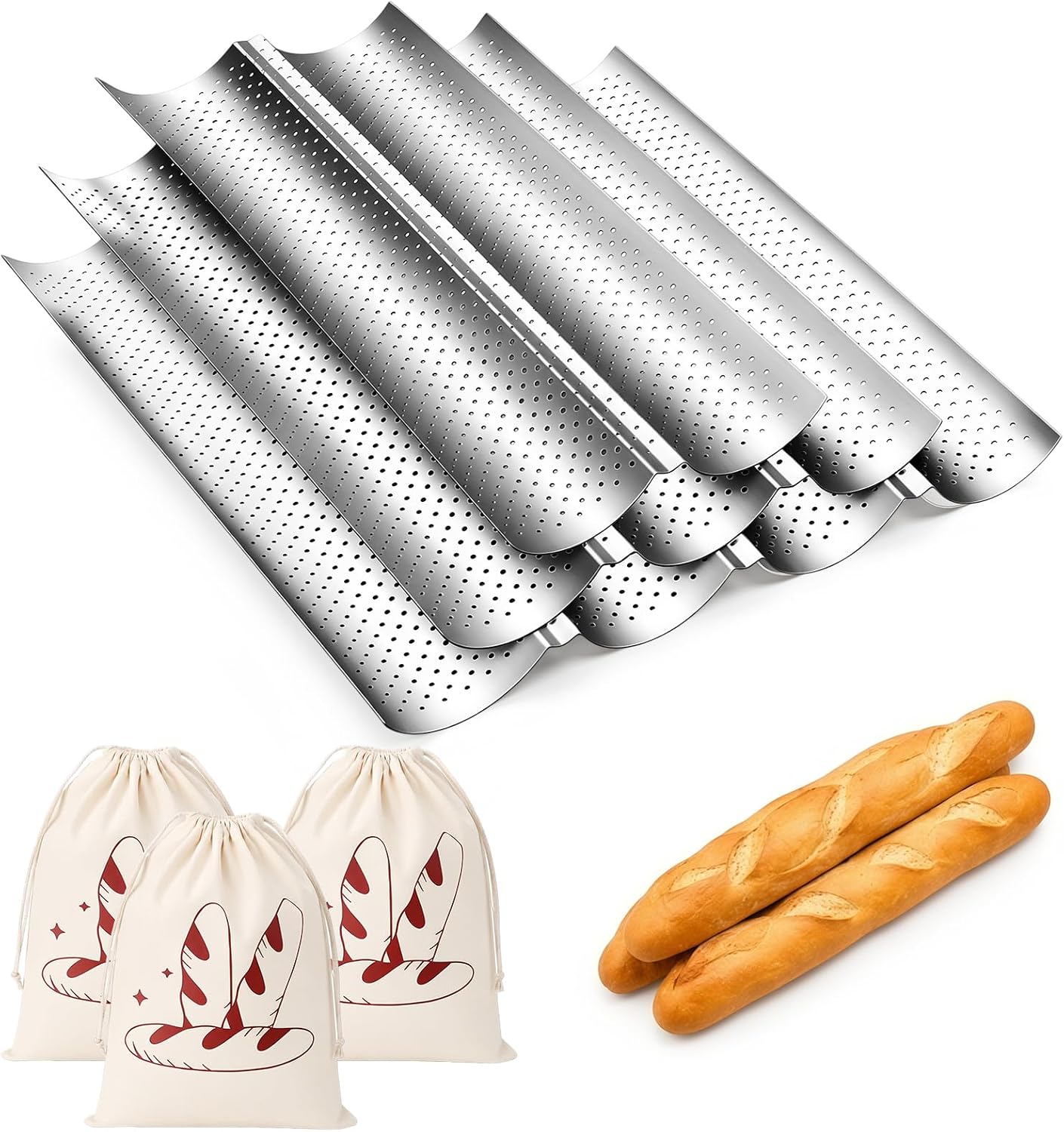 6 Pcs Nonstick French Bread Loaf Pan Linen Bags Set