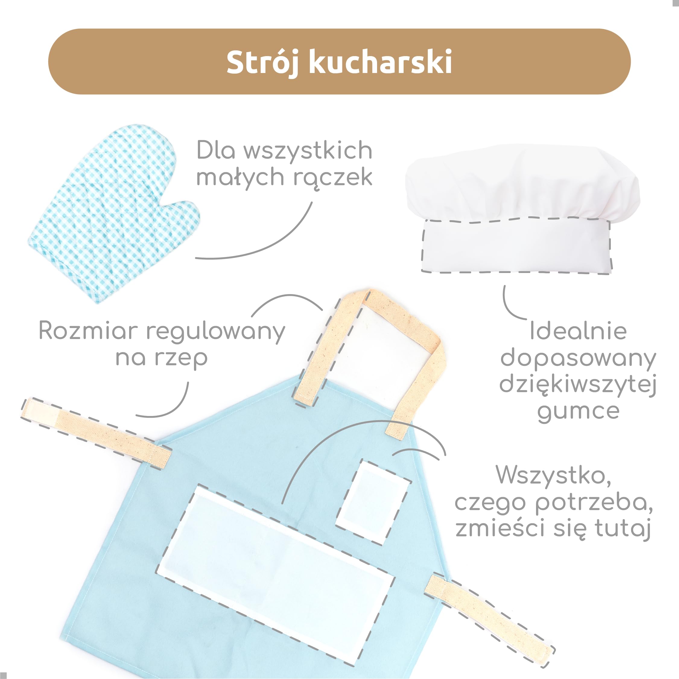 UMU drewniany zestaw kuchenny dla dzieci z naczyniami, garnkami, patelniami, fartuchami, żywnością