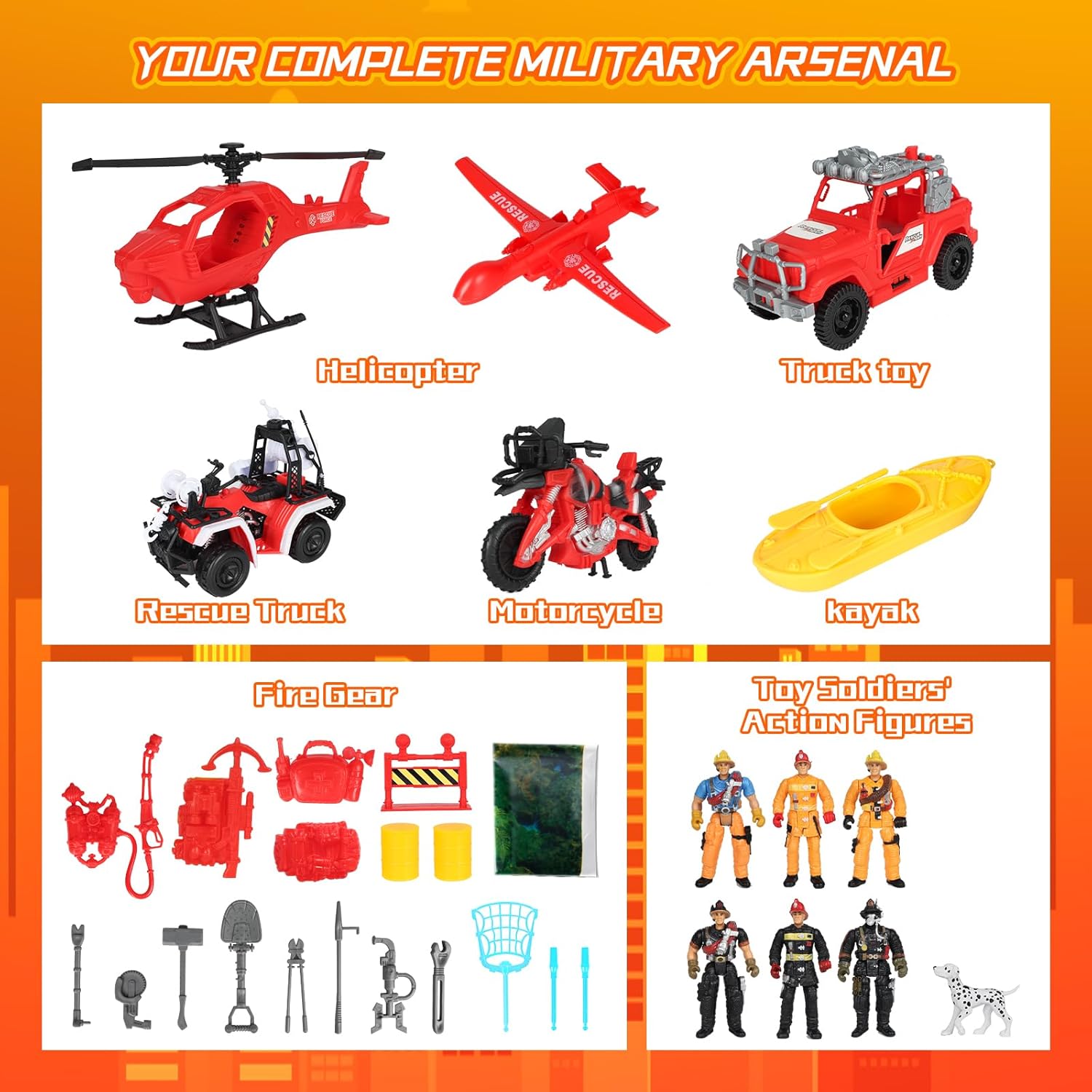 Kids Firefighter Action Figures Playset, Fireman Figures Toys with Tools, Red Fire Trucks, Army Vehicles, Helicopter, Soldiers Accessories, Play Mat, Birthday Gift for Boys
