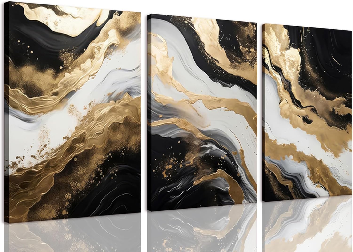 ZQARTZZQ Framed Abstract Wall Art Black and Gold Canvas Black Marble Pictures Decor Modern Gold Foil Artwork Prints White Grey Painting Set of 3 for Living Room Bedroom Office Bathroom 12x16in