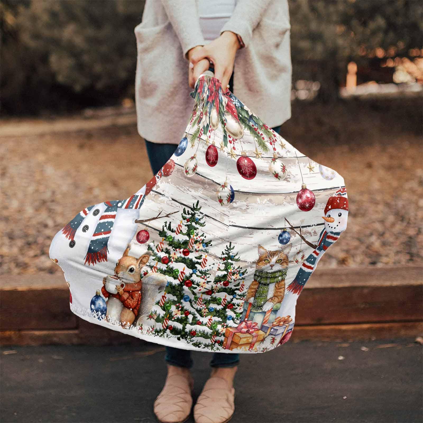 Nursing Cover for Breastfeeding Scarf, Merry Christmas Snowman Poinsettia Xmas Tree Squirrel Baby Car Covers Super Soft Multi Use for Canopy Shopping Cart Cover Blanket Stroller Cover