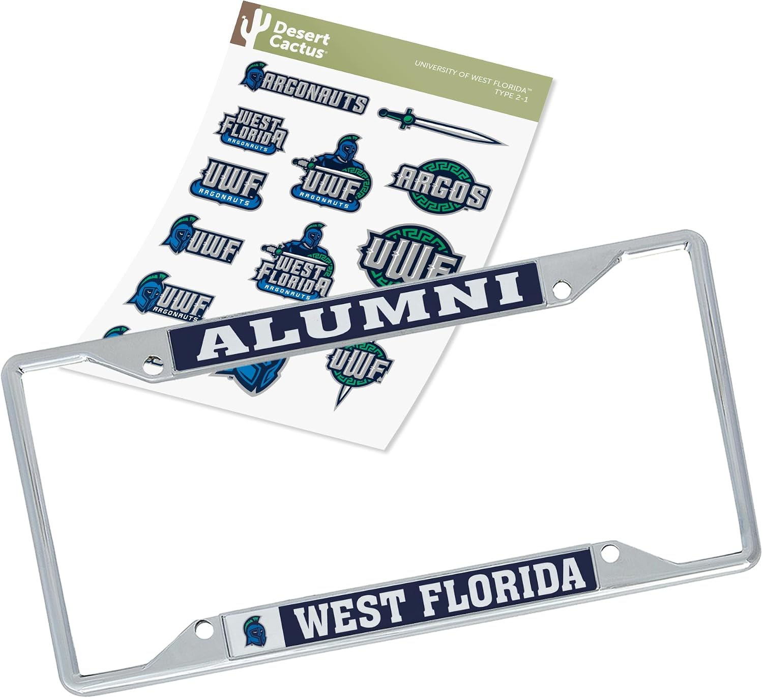 Desert Cactus University of West Florida License Plate Frame and Stickers Bundle Gift Set UWF Argonauts Argos Decals