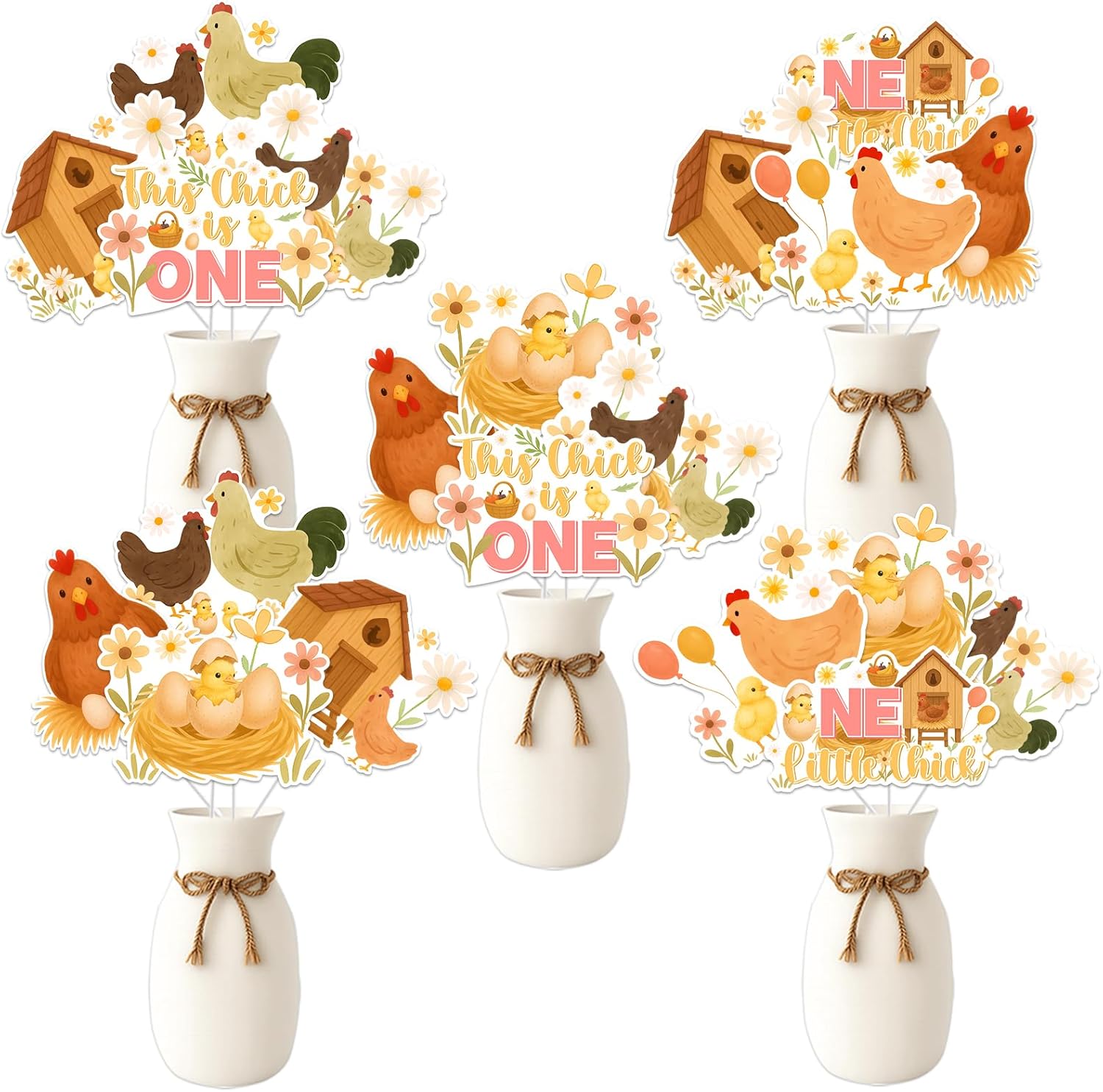 24Pcs Chicken Centerpiece Sticks This Chick is One Birthday Decorations One Little Chick Table Toppers Barnyard Farm Animal Table Decorations for Girls 1st Birthday Party Supplies