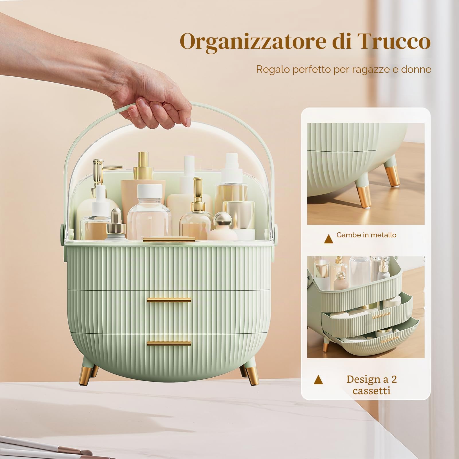 Scatola di trucco multifunzionale antipolvere per cosmetici, organizer per cosmetici, prodotti per la cura della pelle, scrivania, nuova versione (verde menta)