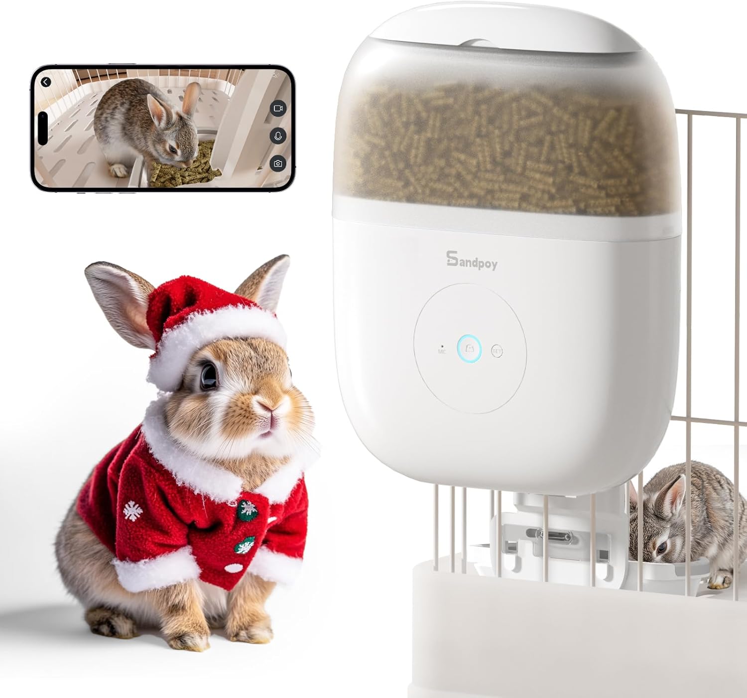 Hanging Automatic Rabbit Feeder with 1080P Camera, 62oz Storage, Multiple Pet Cage Compatibility, Customized Feeding Schedule- Perfect for Ferrets, Cats, Guinea Pigs, Chinchilla and Hedgehog