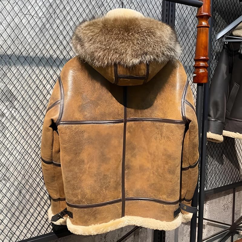 Mens B3 Bomber Leather Jacket - Real Sheepskin Distressed Vintage Aviator Shearling Faux Fur Detachable Hood