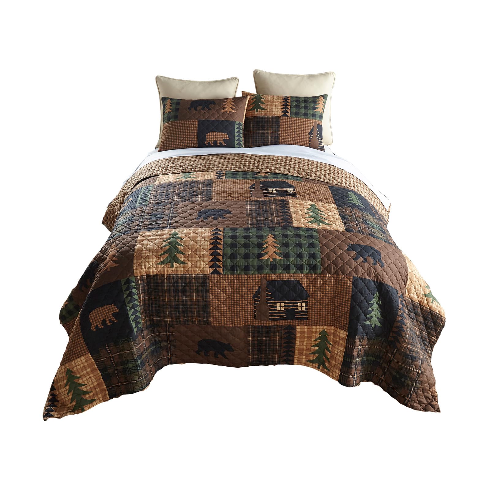 Donna Sharp King Bedding Set - 3 Piece - Brown Bear Cabin Lodge Quilt Set with King Quilt and Two King Pillow Shams - Machine Washable