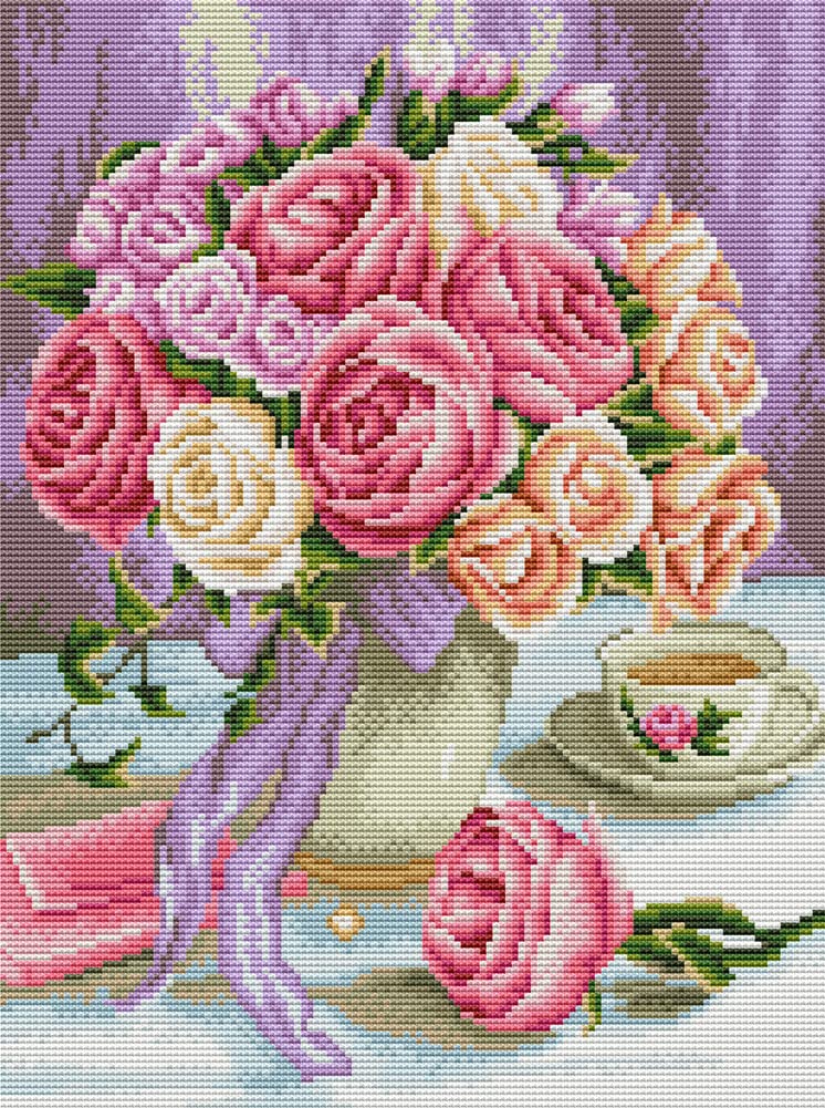 Awesocrafts Cross Stitch Stamped Kits Flowers in Vase Easy Patterns Cross Stitching Embroidery Needlework Kit Supplies (Flowers)