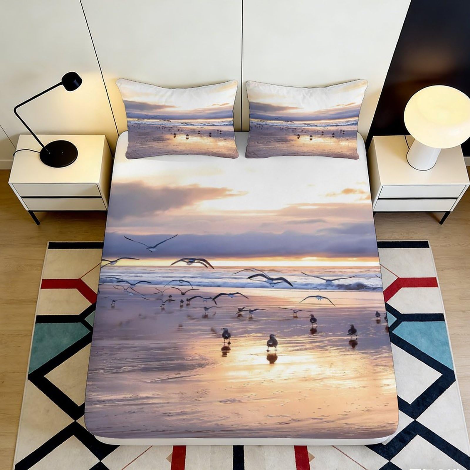 3D Printed Beach Landscape Fitted Sheet Microfiber Deep Pocket Bedroom Bedding Seaside Mattress Fitted Cover Non-Slip Washable 90x200x25cm
