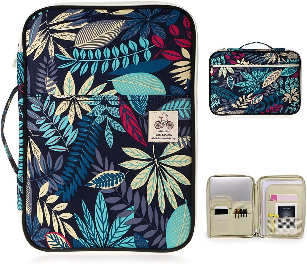 BTSKY A4 Documents Case – Multi-Functional Travel Bag Passport Holder Files Portfolio Tickets Organizer Portable IPad Bag Handbag, Office Documents Bag, Blue Leaf