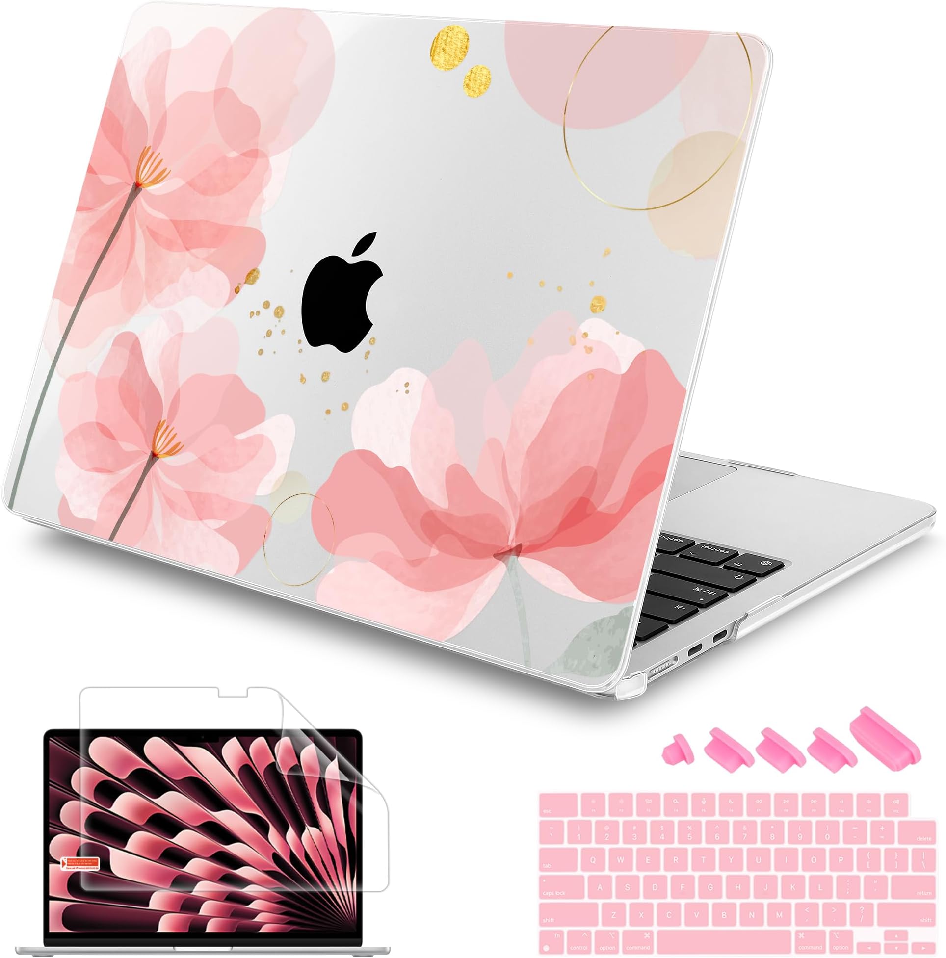 Compatible with MacBook Air 15 inch Case M3 M2 Chip 2024 2023 Release Model:A3114 A2941, Hard Shell Case with Screen Protector + Keyboard Cover and Dust Plug, Watercolor Art Flower