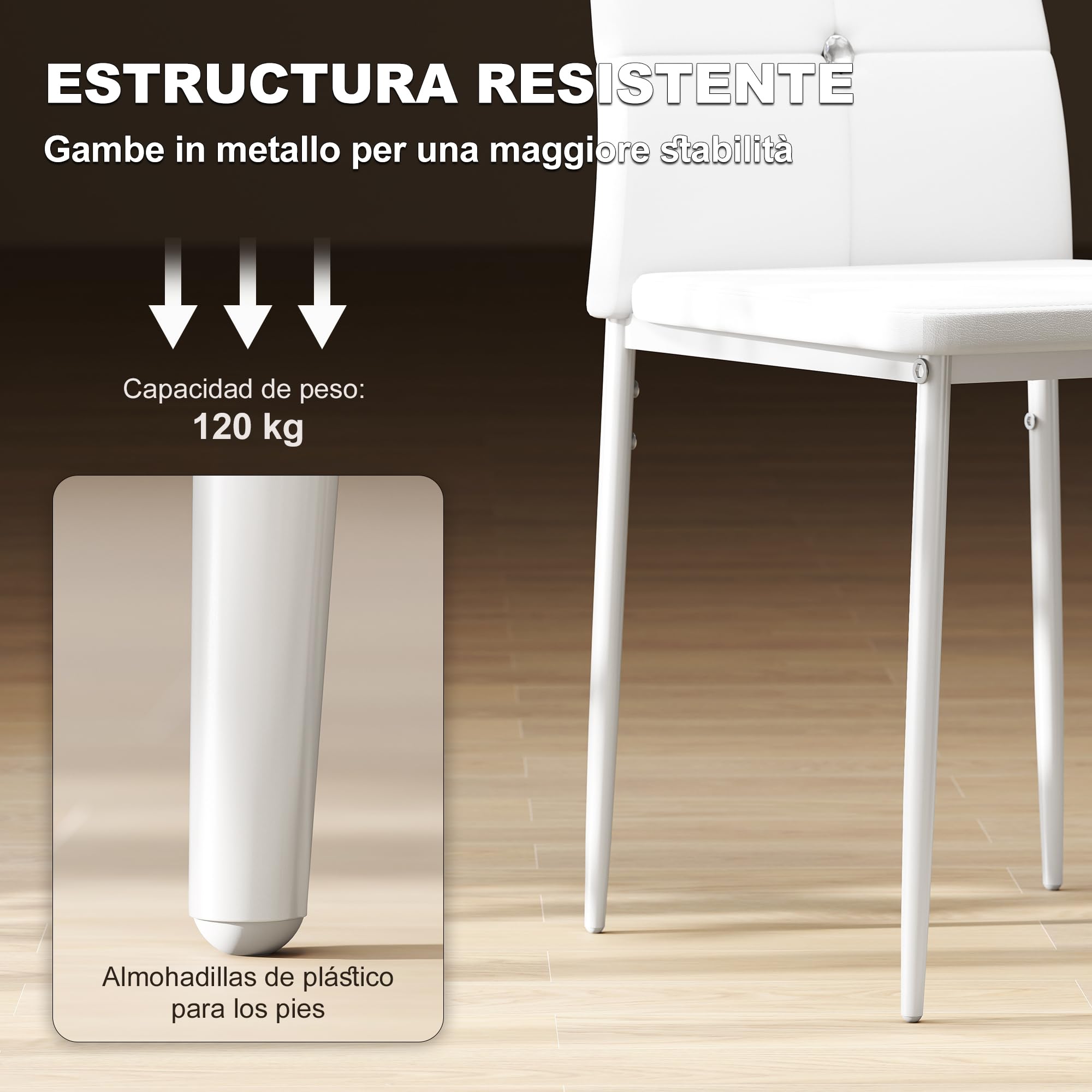 HOMCOM Juego de 6 Sillas de Comedor con Respaldo Alto para Salón Blanco | Tapizada en PU, Sillas de Cocina Modernas, Botones, Patas de Acero, Dormitorio