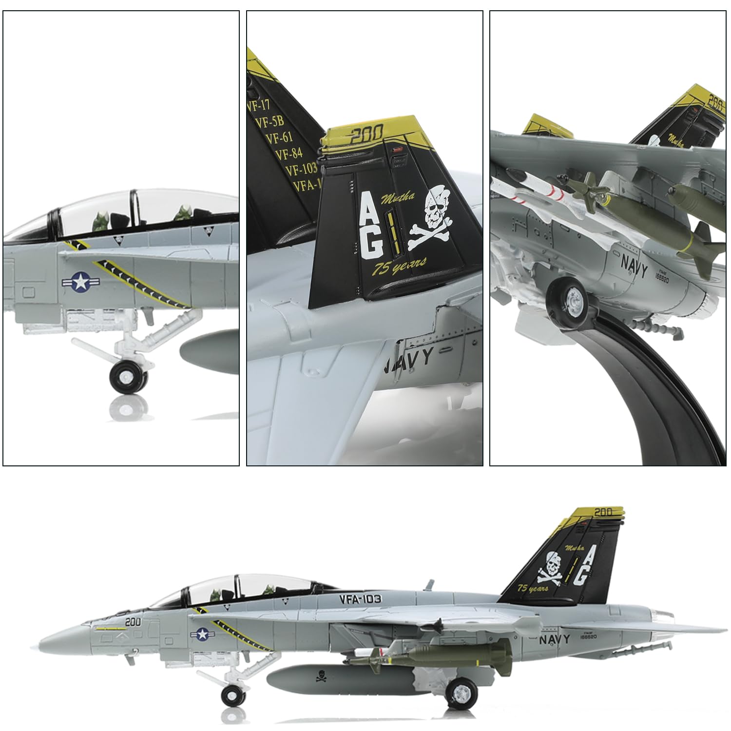 NUOTIE F/A-18 Super Hornet 1/100 Modello da Caccia in Metallo VFA-103 Jolly Roger Finshed Modello di Aereo Militare Pressofuso Kit Precostruiti con Espositore per Collezione o Regalo per Adulti