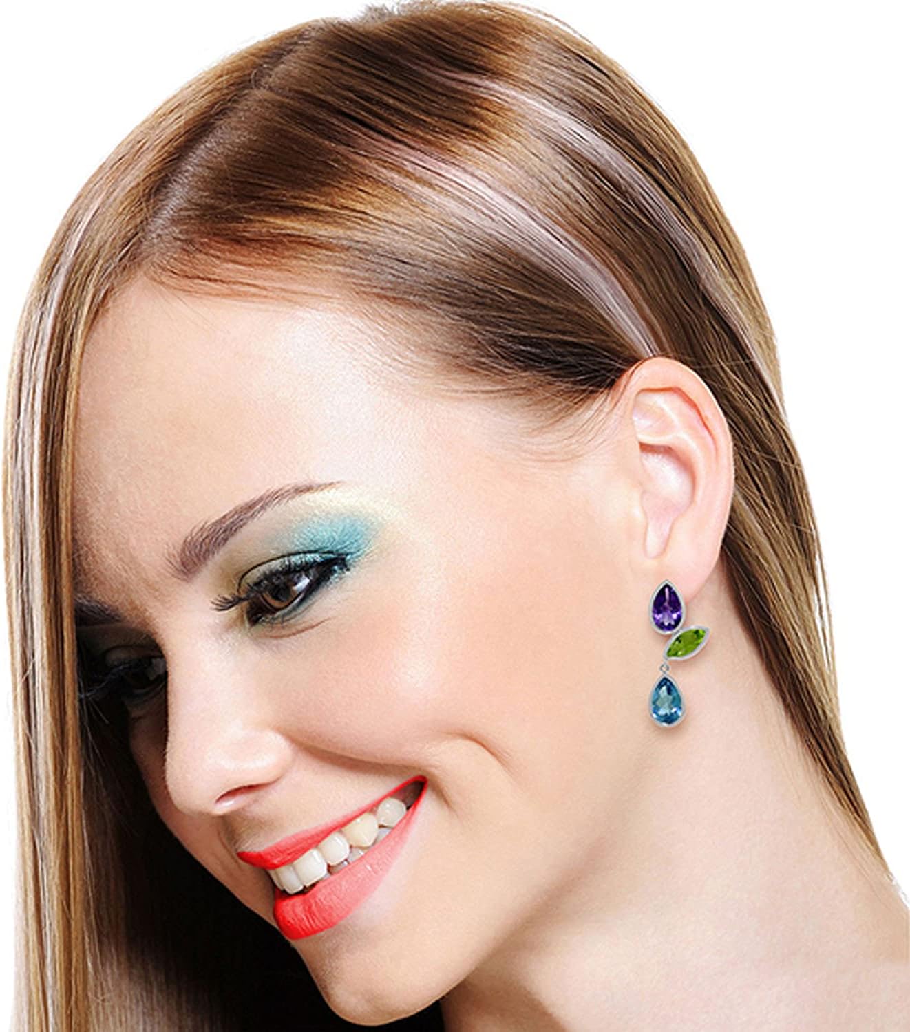 Galaxy Gold GG 14k Solid Gold Earring Amethysts, Peridots Blue Topaz - Image 2