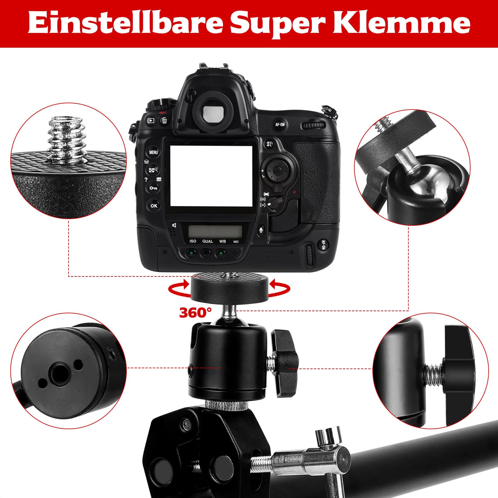 Zestaw do kamery Super Clamps, statyw z bardzo zaciskiem, stabilna głowica kulowa do statywu z adapterem gwintowanym 1/4" 3/8", Magic Arm Clamps Kulowa głowica statywu do aparatów, lamp błyskowych