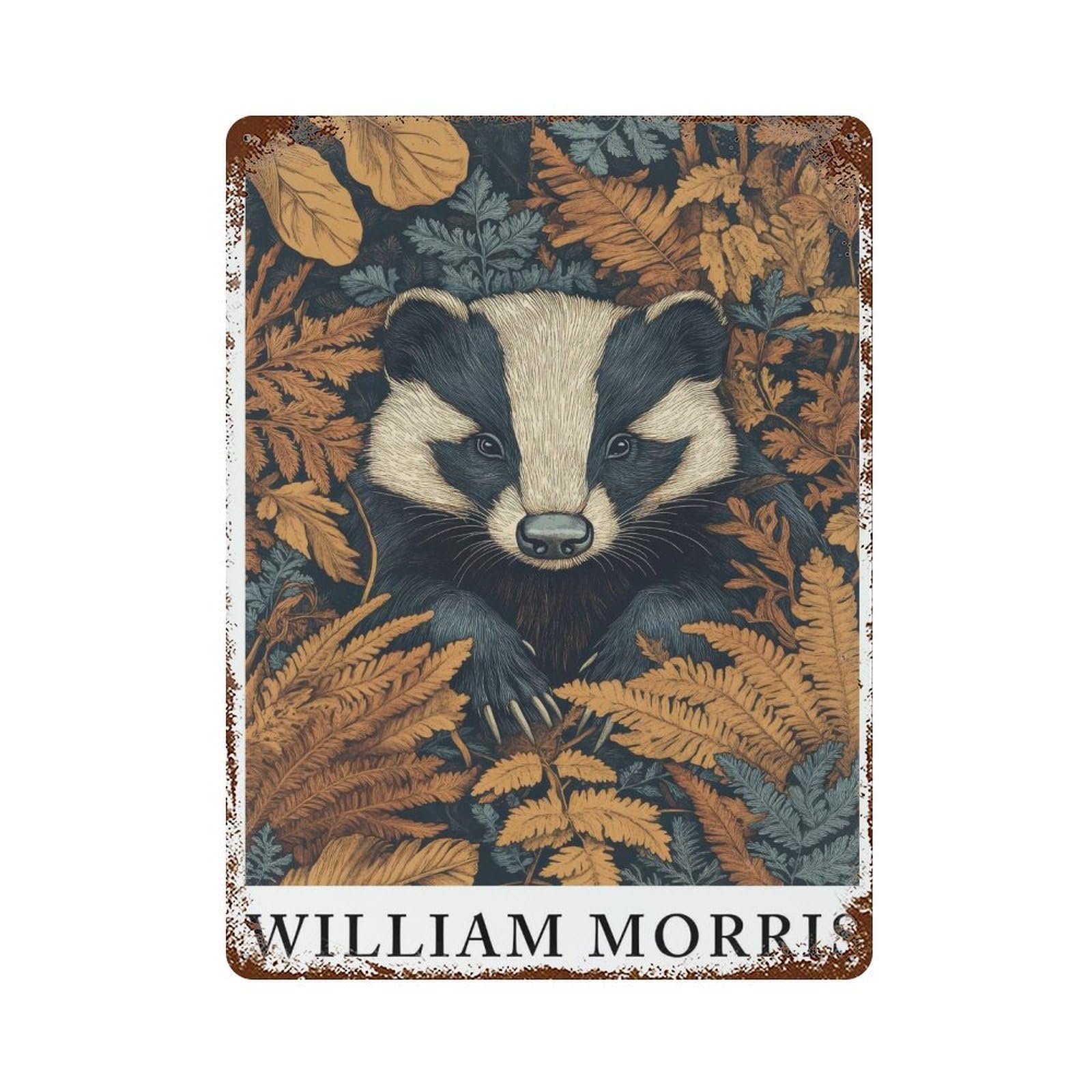 Badger in Autumn Ferns Cottagecore Decor Dark Academia Vintage Wildlife Illustration Rustic Nature Wall Decor Art Metal Tin Poster Modern Home Decor Art Home Bar Shop Decorations Vintage Sign 40x30cm