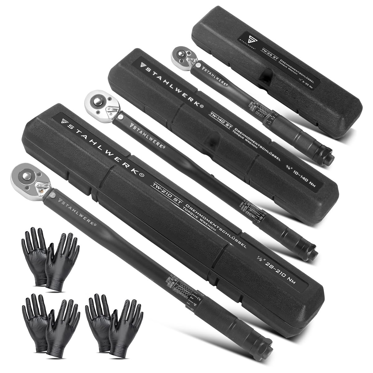 STAHLWERK Juego de llaves dinamométricas de 1/4", 3/8" y 1/2" hasta 210 NM, llave de carraca, carraca con escala de micrómetros
