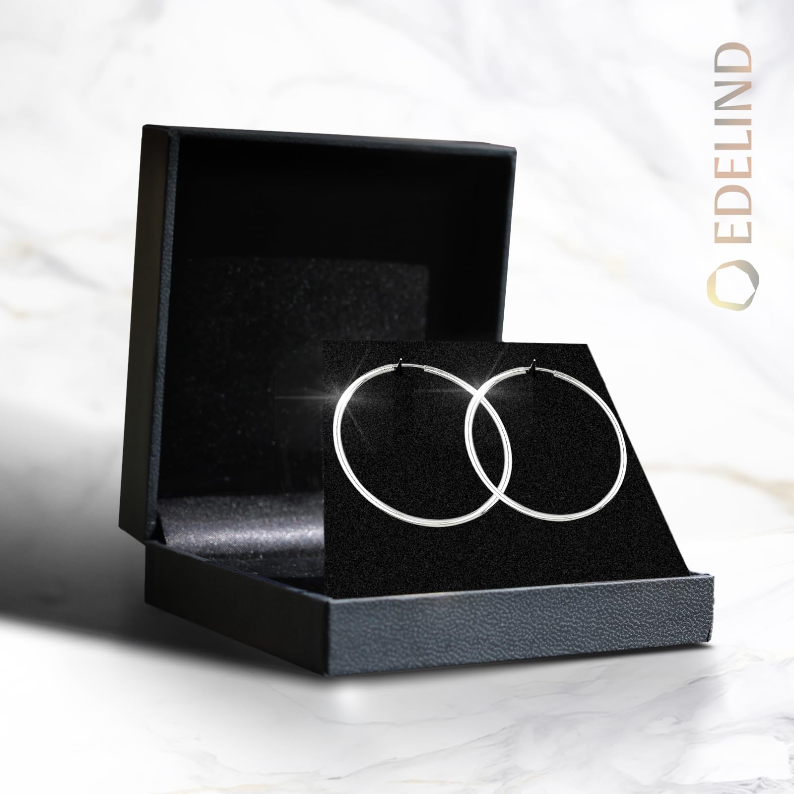 EDELIND Pendientes Aro Grandes finos 40mm 18K/750 14K/585 9K/375 Oro blanco Criollas grandes mujer, ancho 2 mm Aretes de oro puro con Caja de regalo de joyería