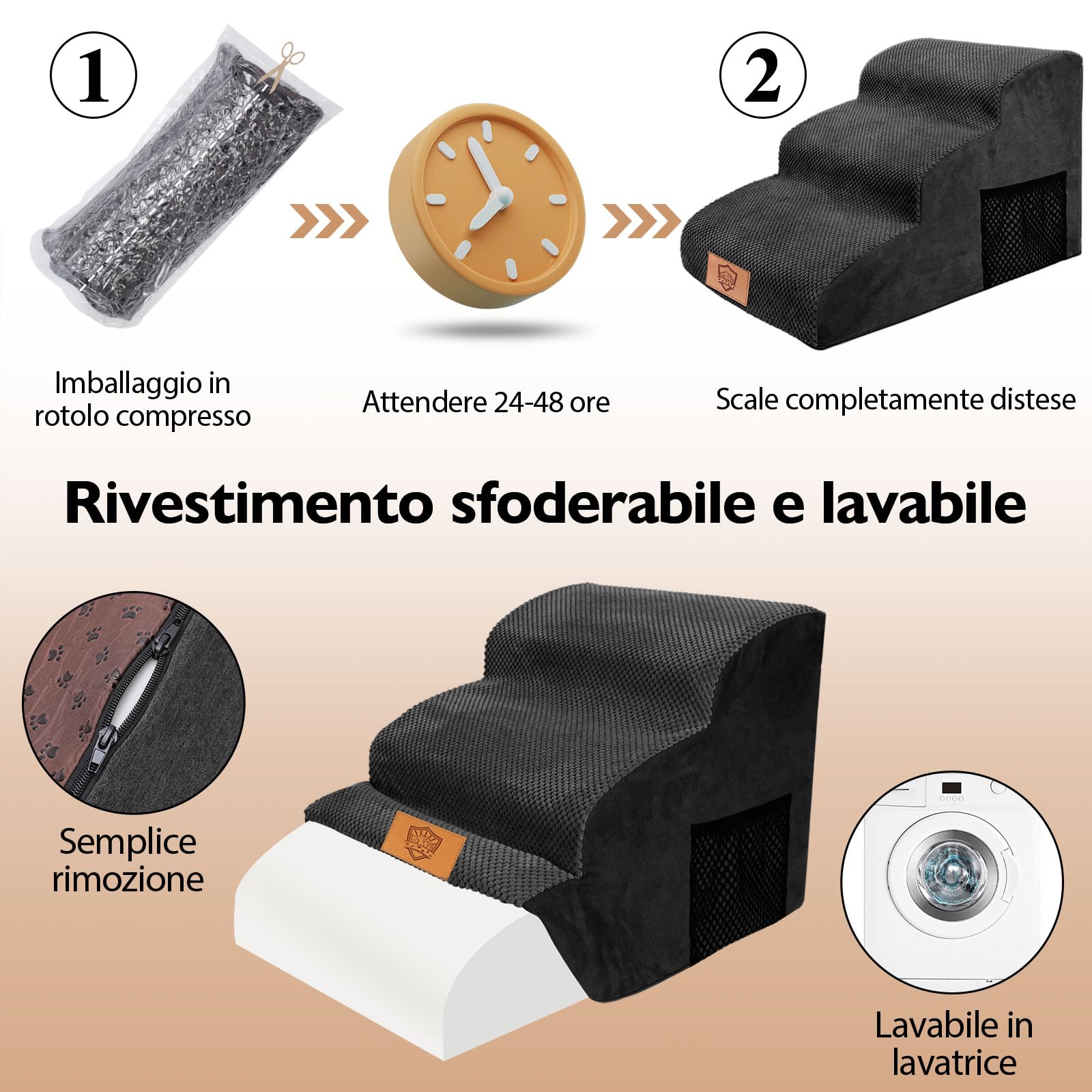 MASTERTOP Scale per Cani a 3 Gradini in Spugna, Scala Antiscivolo per Animali Domestici, Scaletta Spugna Ccuccioli per Divano Letto con Fodera Rimovibile e Lavabile (Nero)