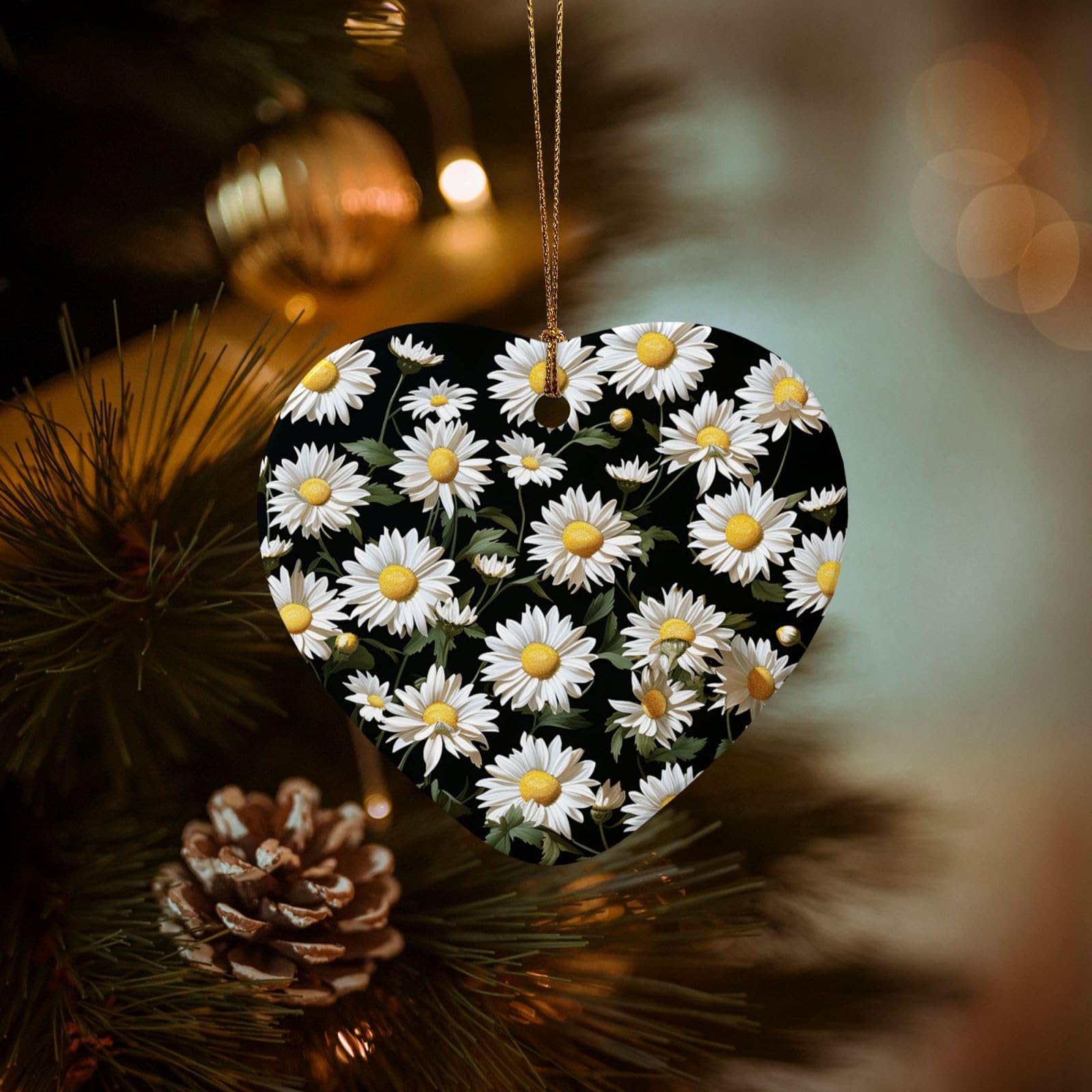 Christmas Tree Ornaments Ceramics Christmas Decorations Daisy Ornaments with Gold Ribbon Porcelain Xmas Tree Crafts Heart Shape Hanging Pendant for Christmas Tree Party Decor