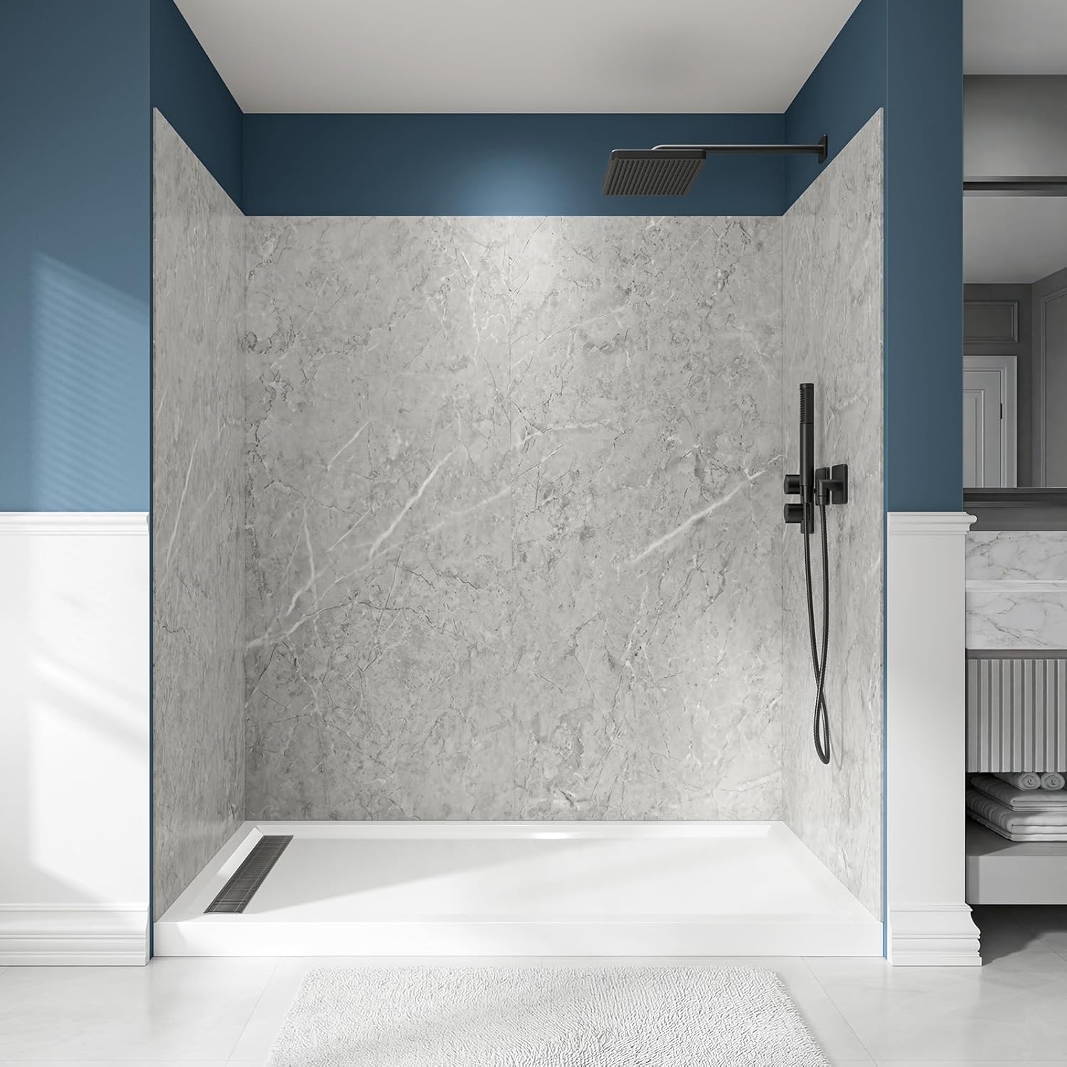 LARWORKS 94x60x36 Walk-in Shower Wall Kit Review: Gray Marble SPC Panels for Easy DIY Stall Remodel