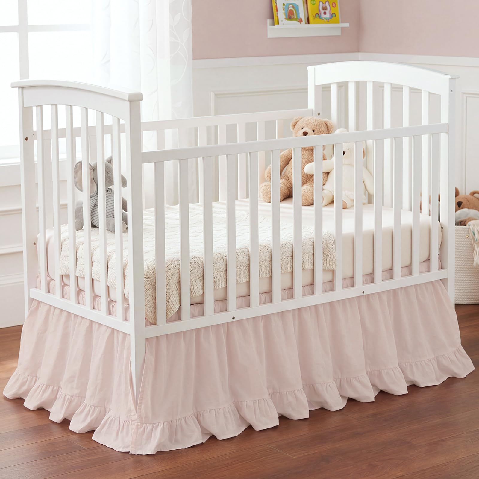 Hahafelt Pink Crib Skirt for Baby Girls Boys, 100% Washed Cotton Bed Skirt