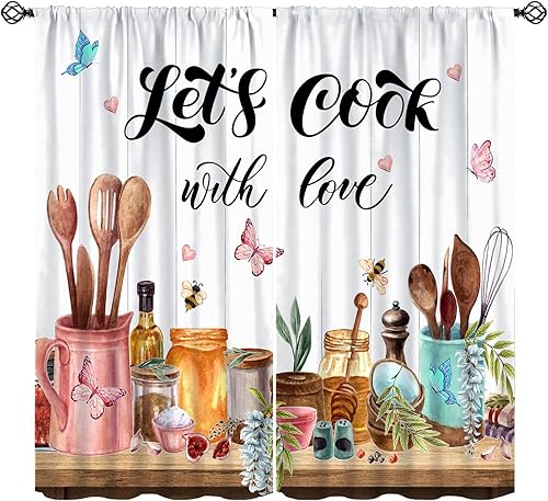 Miniatura 25 de Cortinas rústicas de cocina de granja, hojas verdes florales de primavera, cortinas retro de tablones de madera campestre para dormitorio, comedor,