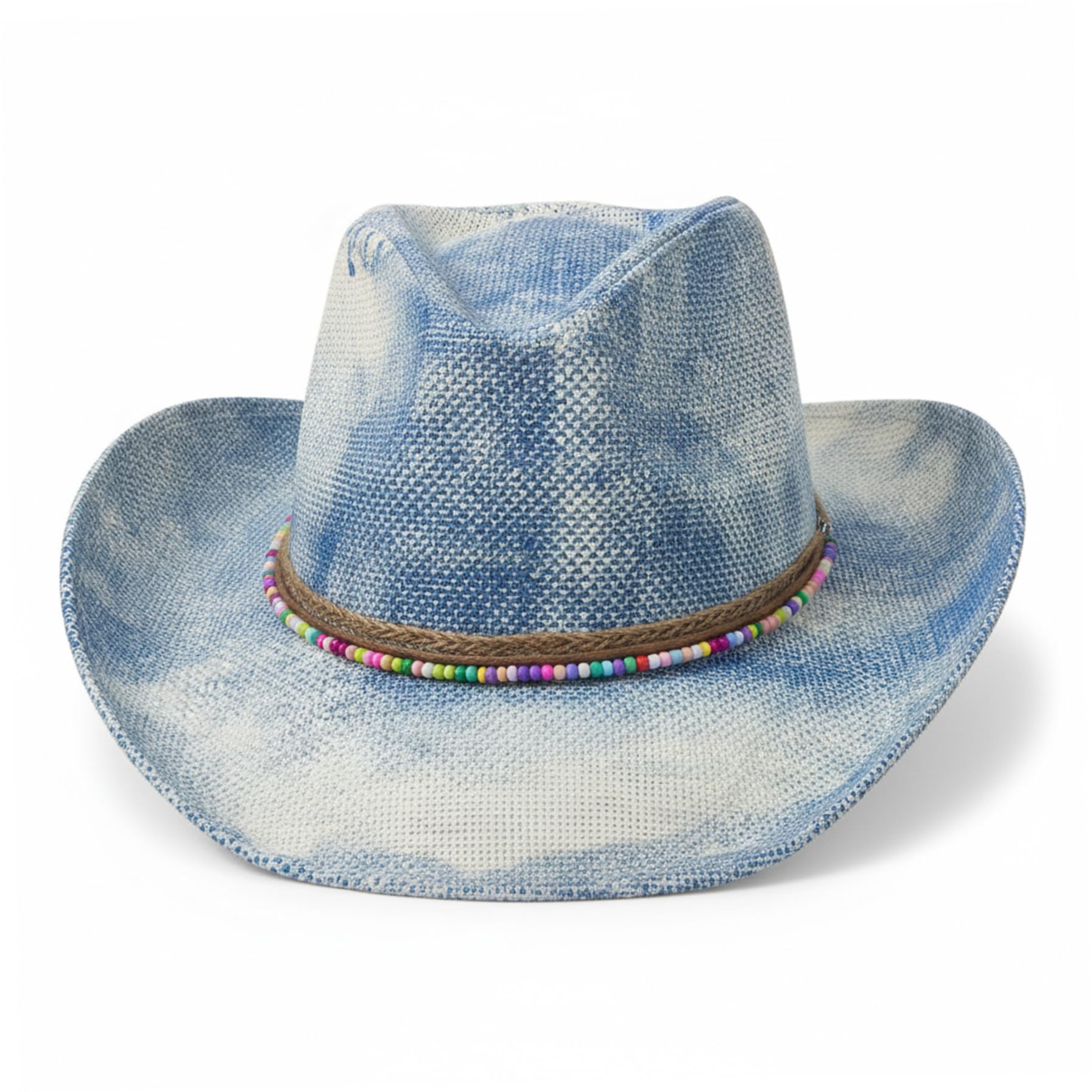 Aetherize Denim Cowboy Hat for Women, Unique Tie-Dye Western Hat with Beaded Trim, Lightweight Breathable Cowgirl Hats for Outdoor Denim Cowboy