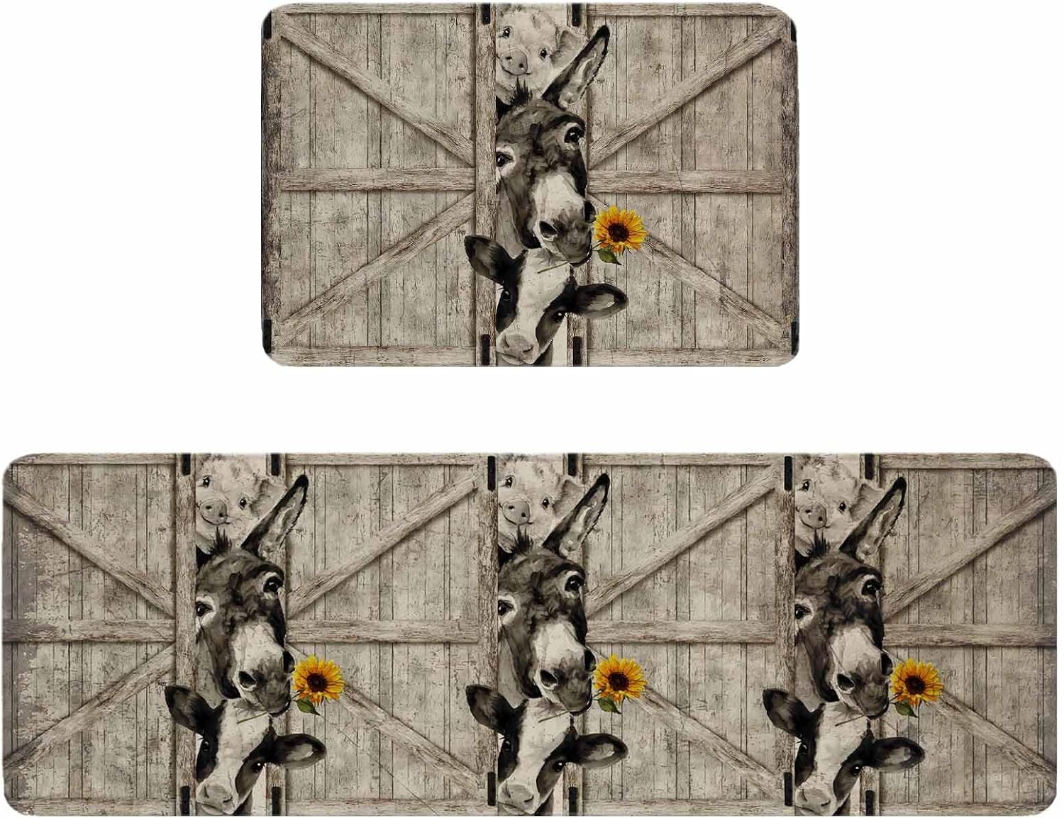 Funny Farm Animals Kitchen Rugs and Mats Set of 2, Non-Slip Kitchen Sink Mat, Vintage Barn Brown Sunflowers Washable Doormat Bathroom Rugs Runner for Bedroom/Living Room 19.7"x23.6"+19.7"x47.2"