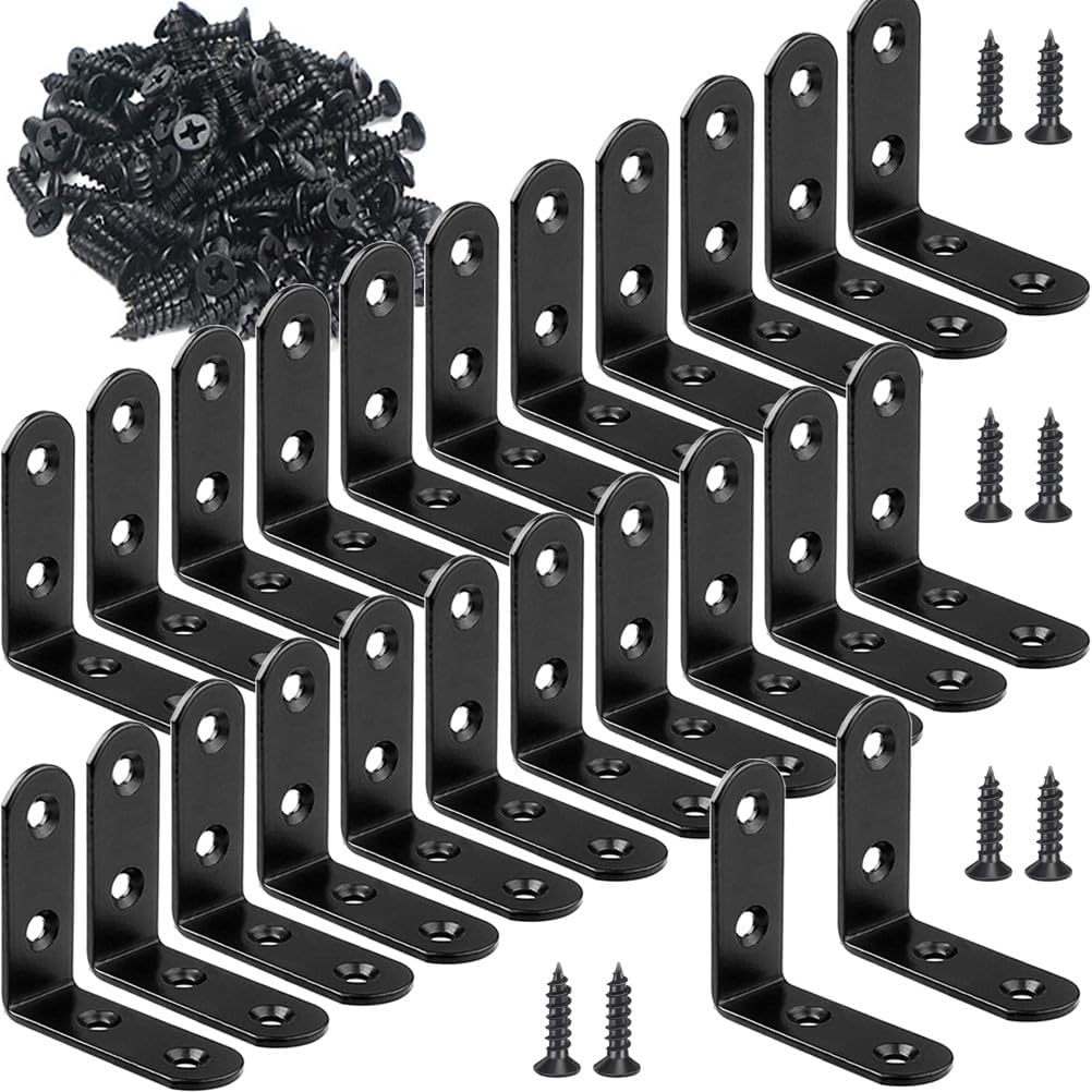 20 PCS Corner Braces 25mm x 25mm Stainless Steel 90 Degree Joints Right Angle Bracket L Shaped Corner Brackets Fastener for Wood Furniture, Screws Included