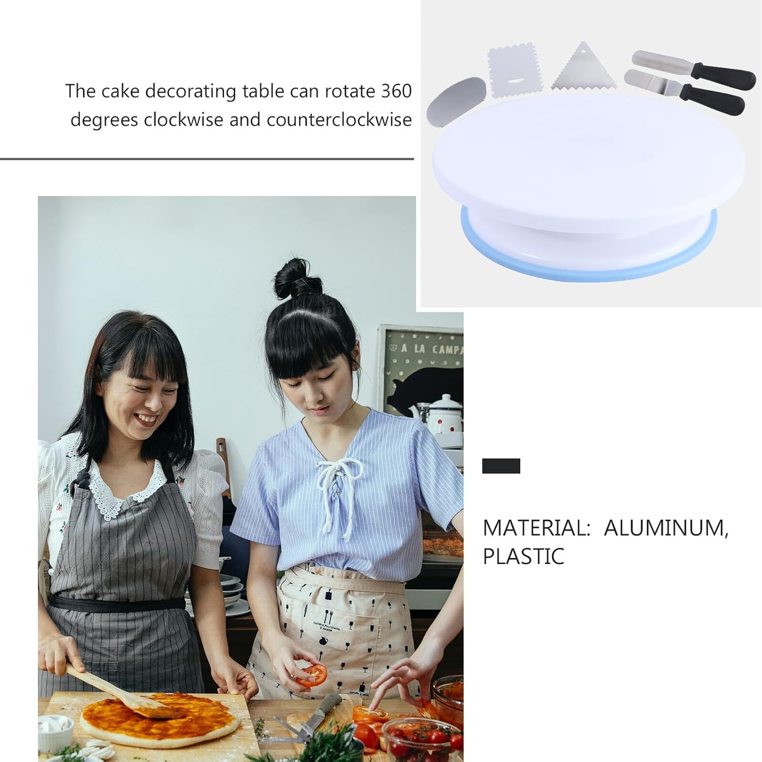 6pcs Cake Decorating Turntable Set with Aluminum Scrapers (rectangular, Oval, Triangle), Non-slip Rotating Stand, 6-inch Black Plastic Handle Icing Spatula and Angled Knife