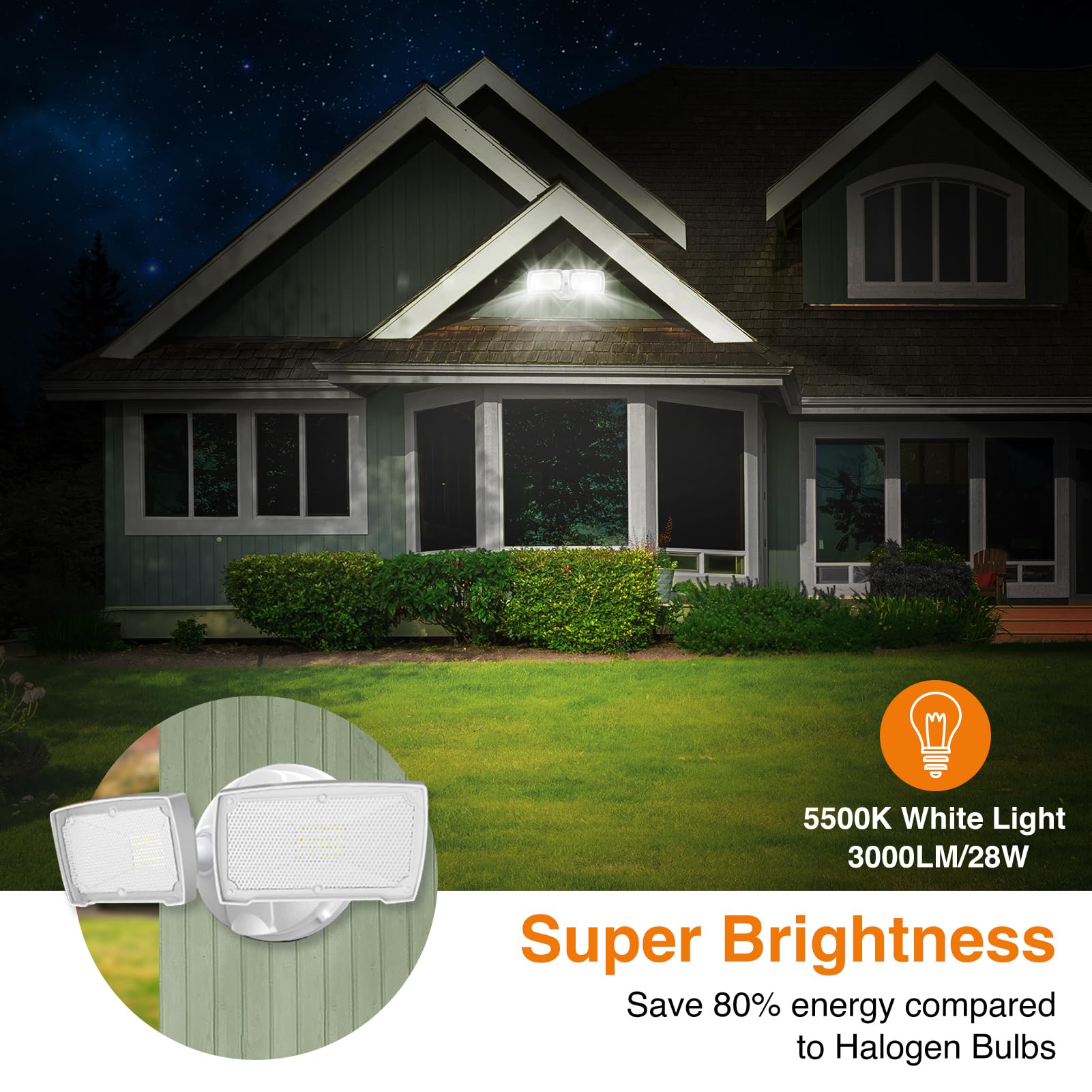 LEPOWER Luz LED de seguridad para exteriores (28 W, 3000 lúmenes, luz de inundación LED, 6000 K, metal completo, IP65, impermeable, 2 cabezas ajustables de seguridad para garaje, patio, camino y