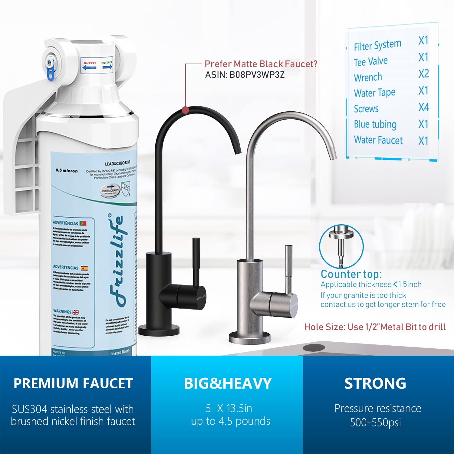 Frizzlife Under Sink Water Filter-NSF/ANSI 53&42 Certified Drinking Water Filtration System-0.5 Micron Removes Lead, Chlorine,Bad Taste & Odor, W/Dedicated Faucet - Image 5