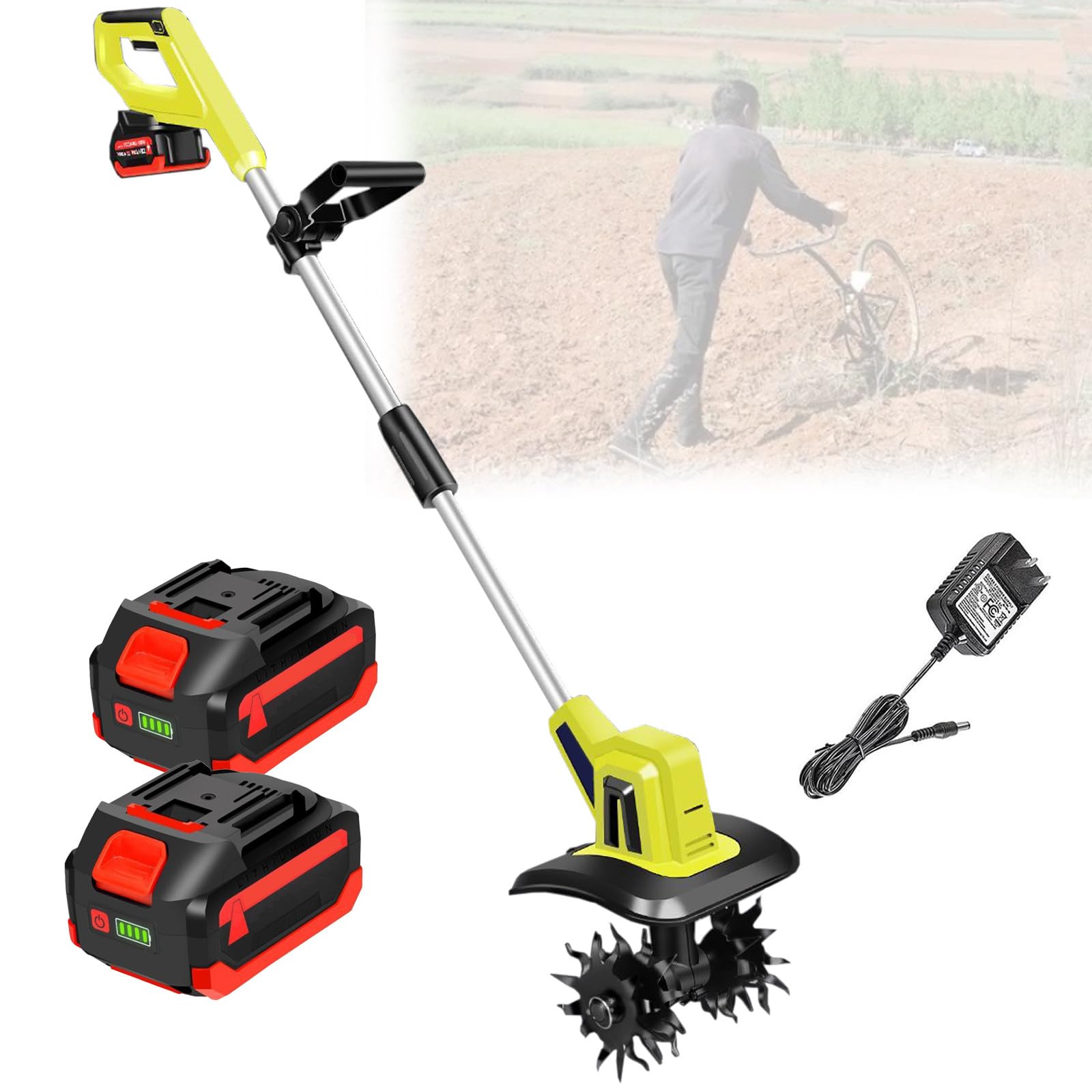 Motocoltivatore Elettrico da Giardino con 2 batterie da 4000 mAh e Caricabatterie, motozappa da Giardino Senza Fili da 20 V, Larghezza di Lavoro 25 cm, profondità di Lavorazione 22 cm