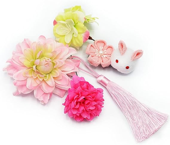 Amazon Co Jp 髪飾り5点セット 桜 ウサギ 成人式 七五三 浴衣 袴 着物 振袖 和装 つまみ細工 花 卒業式 結婚式 手作り ファッション