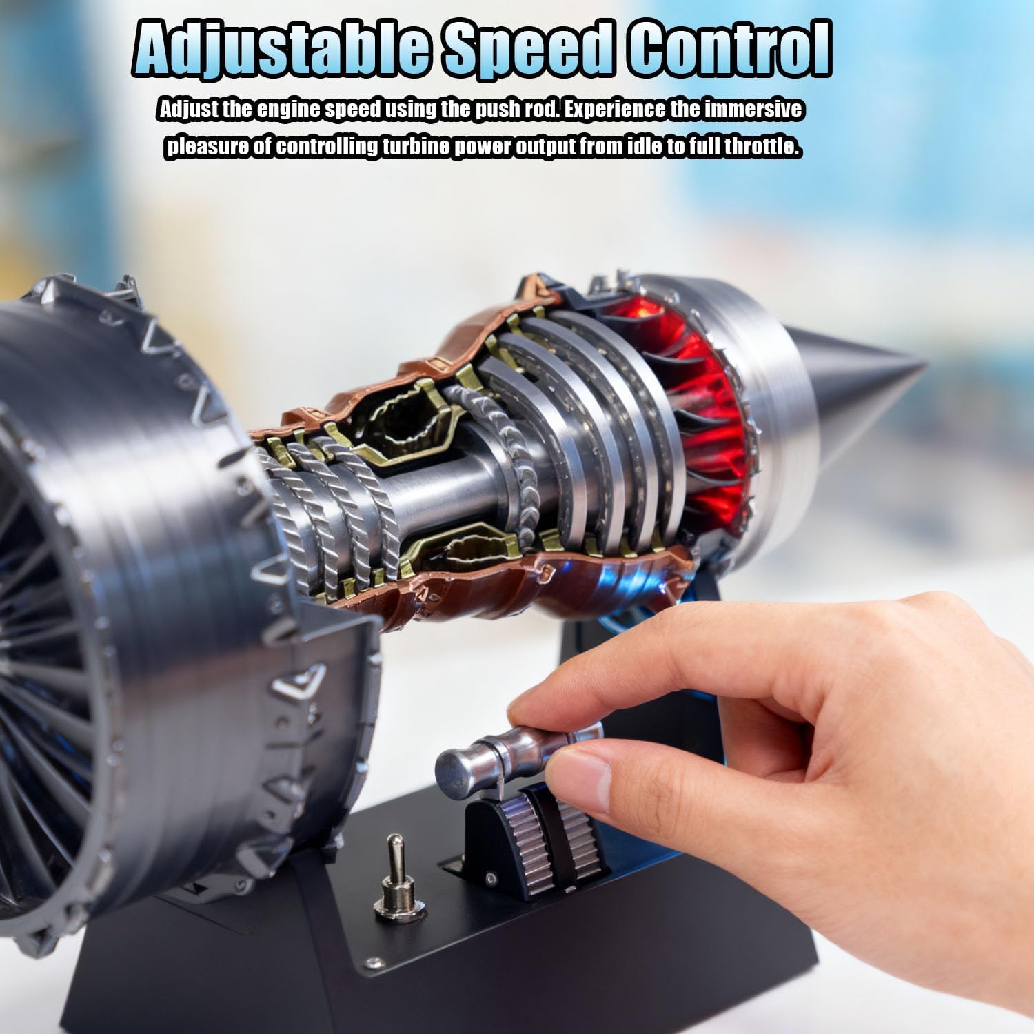 TR900 Turbofan Engine Model, Adjustable Speed Aircraft Turbojet Engine with LED Light, Mechanical Science Aero Engine Education Toy Desk Decor for Adult Hobbyists,28cm (Assembly Version-Blue+Red)