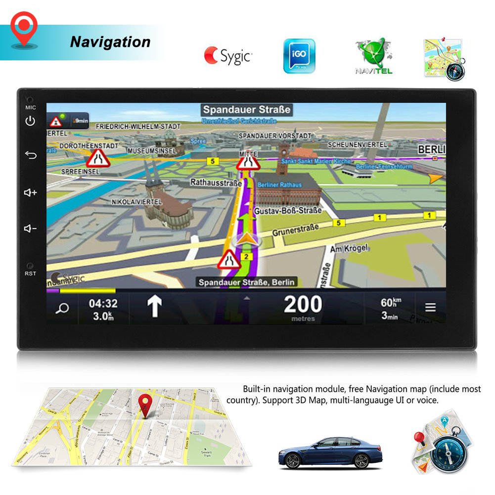 The SWM car stereo display showing a navigation map interface with route details and supported navigation software logos.