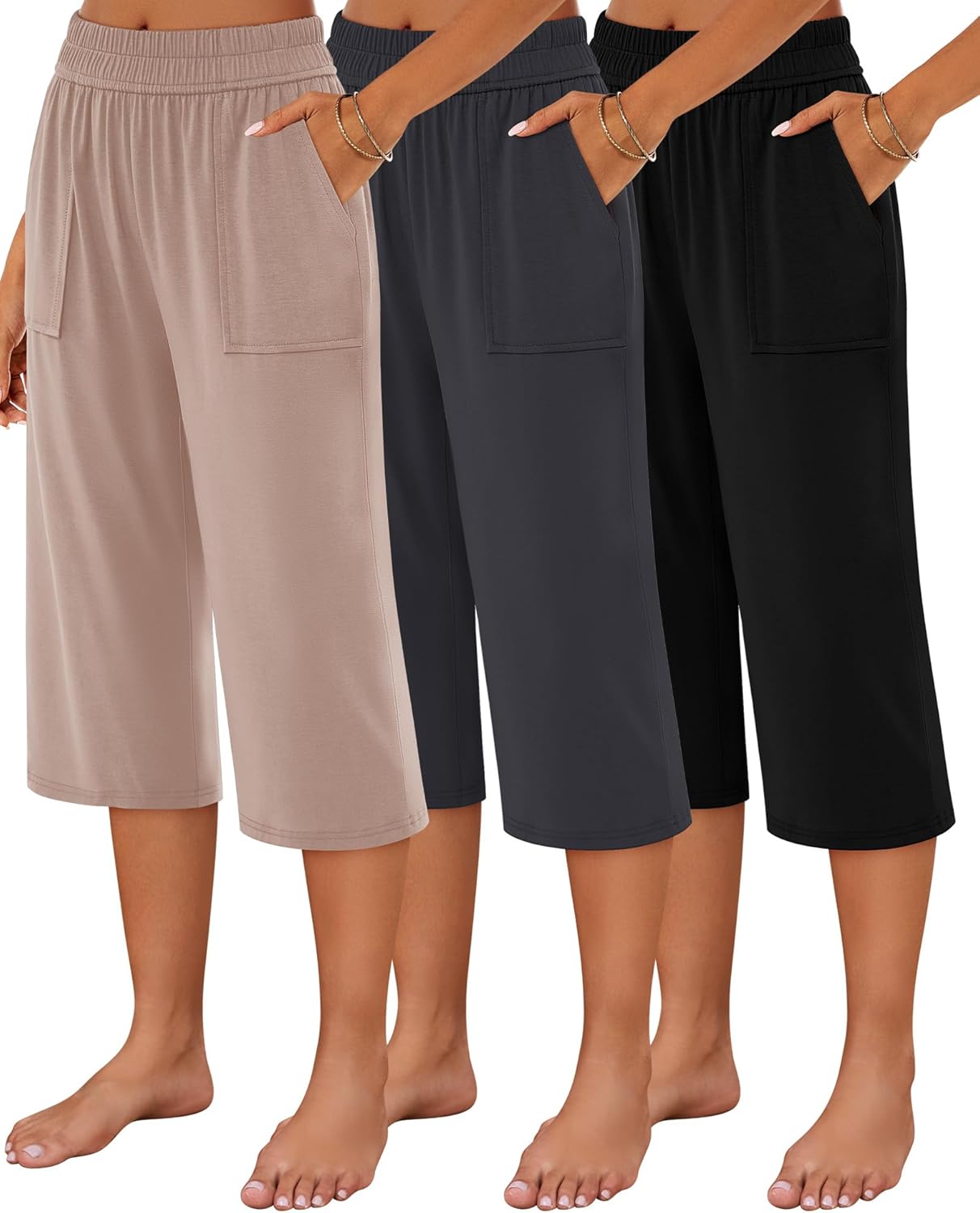 Neer 3 Pack Women's Capris Pants Cotton Wide Leg Sweatpants Lounge Casual Loose Fit Cropped Jogger Yoga Pant with Pockets