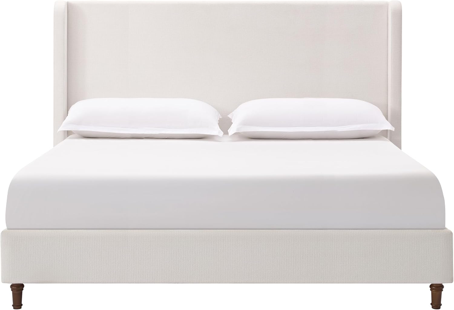 Queen Upholstered Bed Frame with 54" Tall Headboard in Cream White Chenille – No Box Spring Needed, Easy Assembly, Modern Design, Metal Frame with Wooden Slats & Walnut Finished Solid Wood Feet