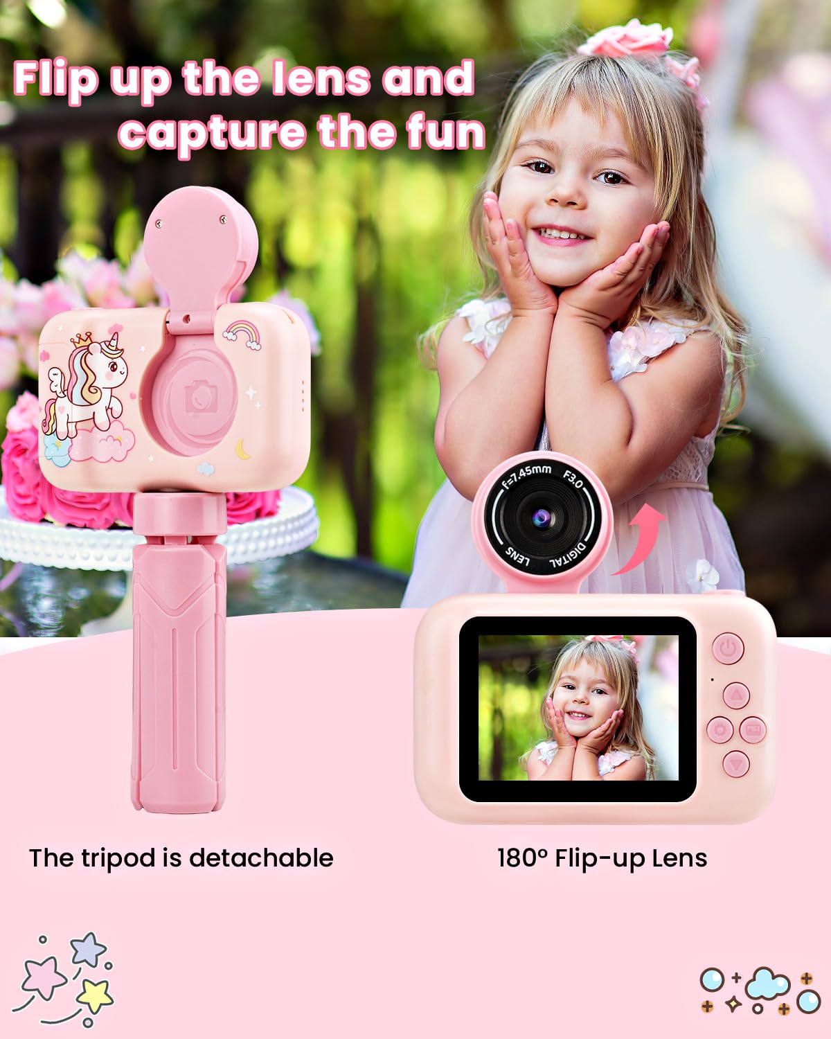 Fotocamera per Bambini con Treppiede, Macchina Fotografica Digitale Unicorno per Ragazze e Ragazzi 3-10 Anni, 1080P, Display IPS 2.4", Obiettivo Rotante 180°, Scheda 32GB, Regalo Natale o Compleanno