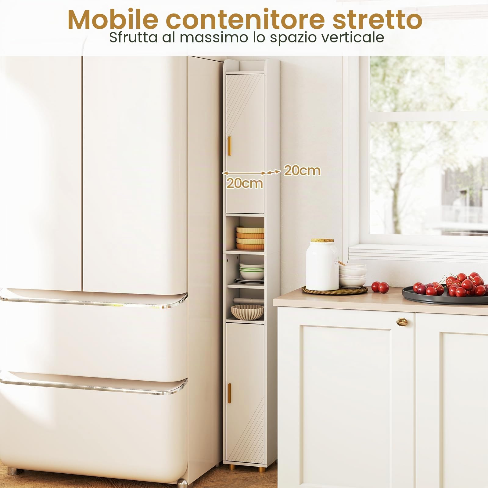 FANTASK Armadio alto sottile con ripiani regolabili, porta carta igienica e ganci laterali, per cucina e bagno, 20 x 20 x 179 cm (bianco)