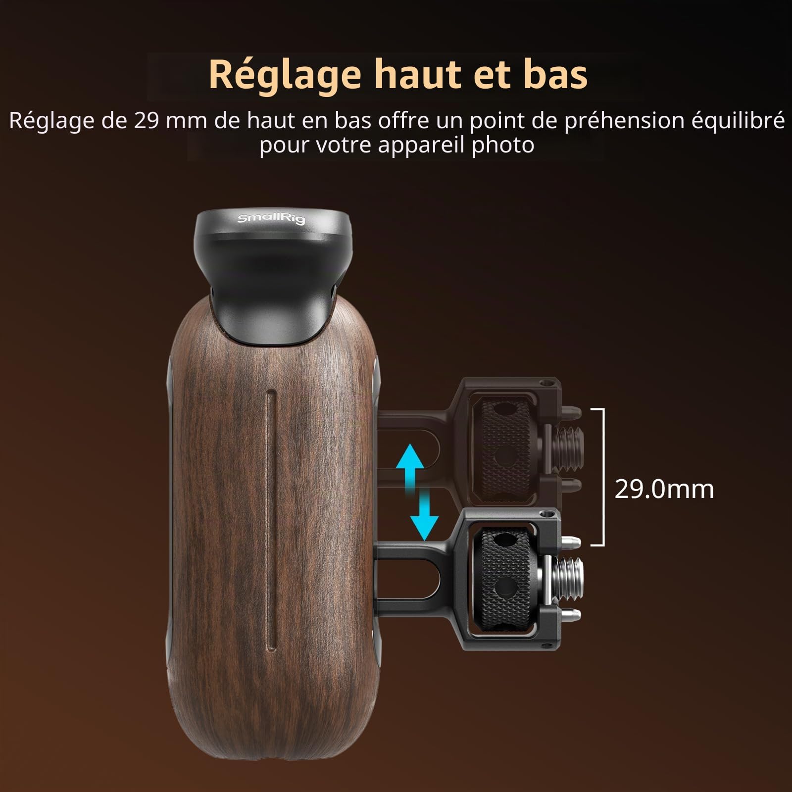 SMALLRIG Poignée Latérale en Bois pour Cages d'Appareil Photo avec Vis de Positionnement 2 en 1, Poignée Ergonomique Côté Gauche ou Droit, Réglage Vertical de 29 mm, Capacité de Charge de 15 kg - 5238