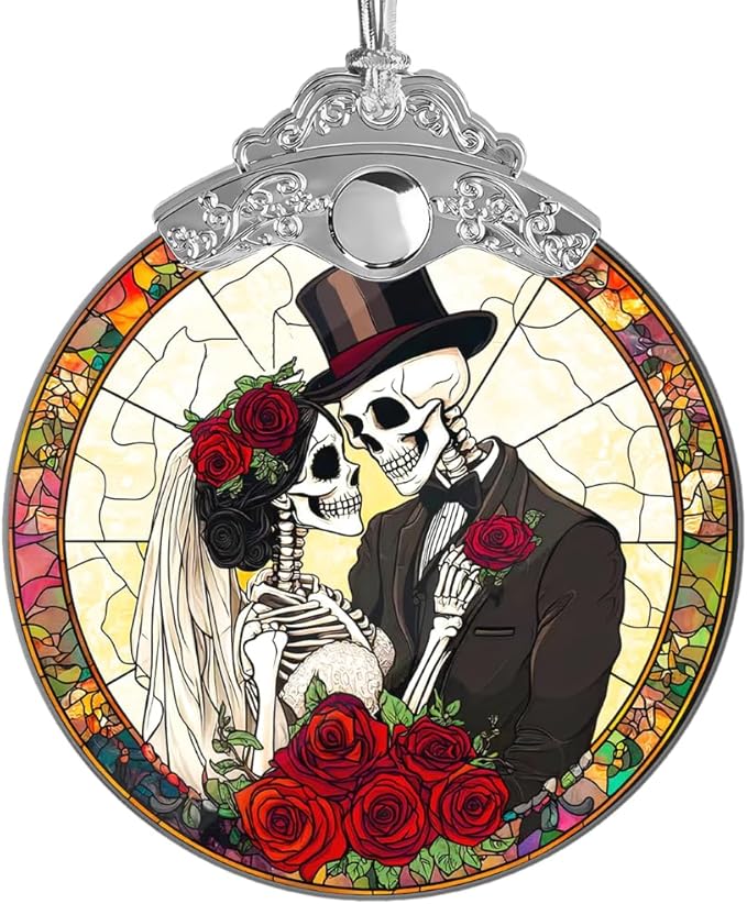 Skeleton Ornament Suncatcher, Funny Gothic Home Decor, Ghost Ornaments , Skeleton Bride and Groom with Roses, Unique Halloween Suncatcher Decor, Christmas Ornament 2025