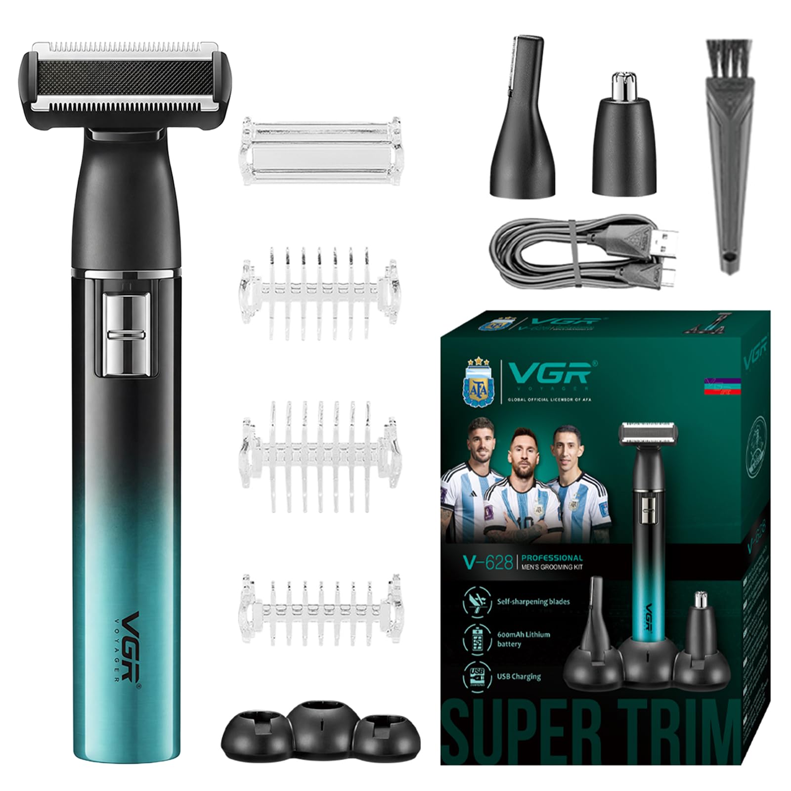 VGR 628 Tondeuse Intime Homme 3 en 1 Sans Fil, Tondeuse Partie Intime Homme, Rasoir Nez Et Taille Des Sourcils Avec Base Et, Pour Poitrine, Jambes, Aisselles, Nez Et Visage, IPX5, Vert