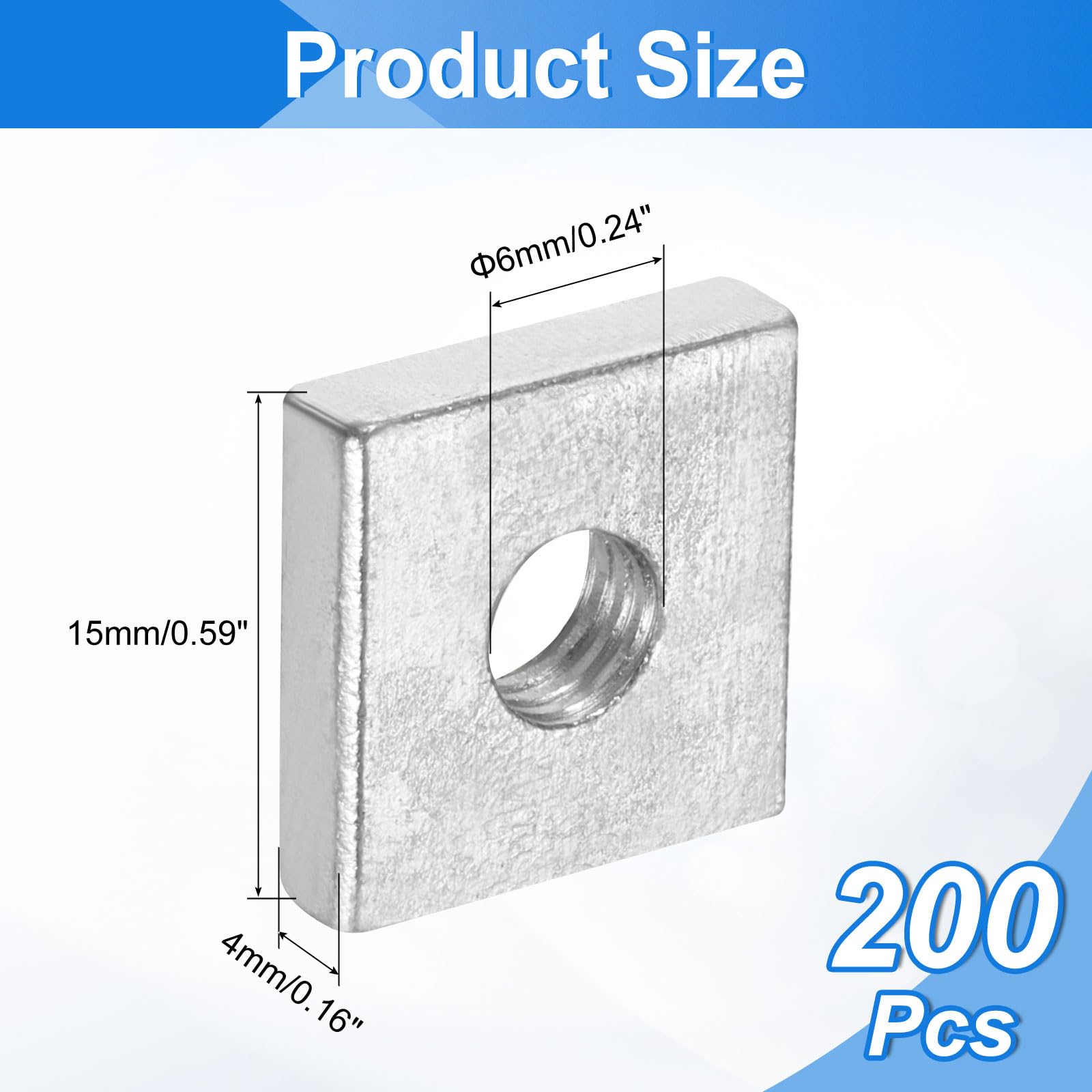 uxcell 200 tuercas cuadradas M6 x 15 mm x 4 mm, acero al carbono, chapado en zinc, tuercas cuadradas de rosca gruesa para reparaciones del hogar e ingeniería profesional, color plateado